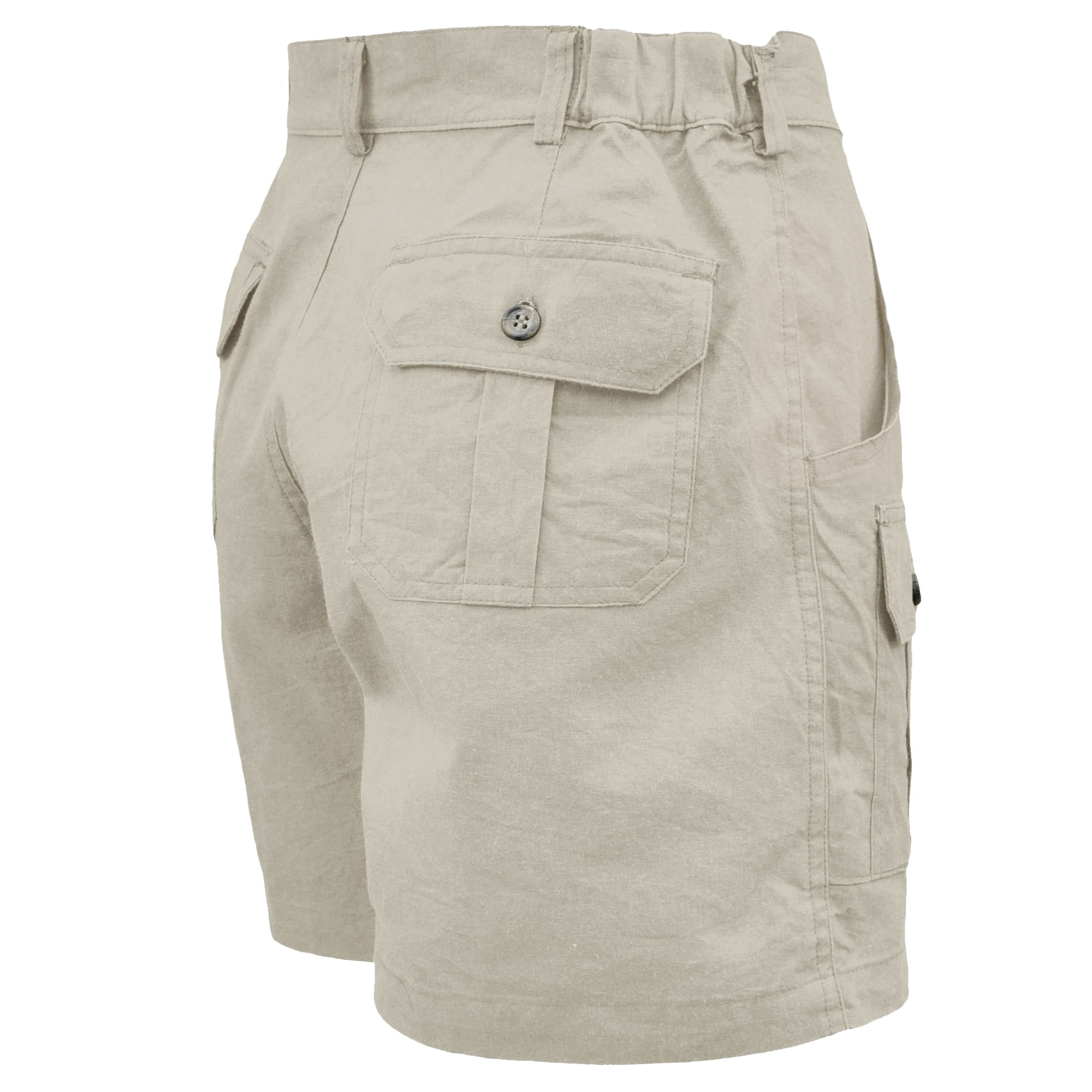 Tag Safari Pro Hunter Shorts for Women feature slash-style side pockets, button-flap thigh and back pockets, discreet elastic waist panels, large belt loops, and a 5 1/2