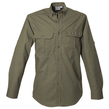Tag Safari Long-Sleeve Safari Shirt for Men features button-flap chest pockets, back shoulder tucks, roll-up sleeve tabs, and durable double stitching. Shown in Moss Green.
