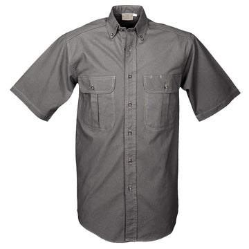 Tag Safari Short-Sleeve Safari Shirt for Men features button-flap chest pockets, back shoulder tucks, and durable double stitching. Shown in Olive Gray.