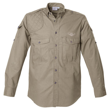 Tag Safari Long-Sleeve Shooter Shirt for Men with Buffalo Logo features a quilted shooting pad, button-flap chest and sleeve pockets, and an embroidered Buffalo above the left pocket. Shown in Khaki.