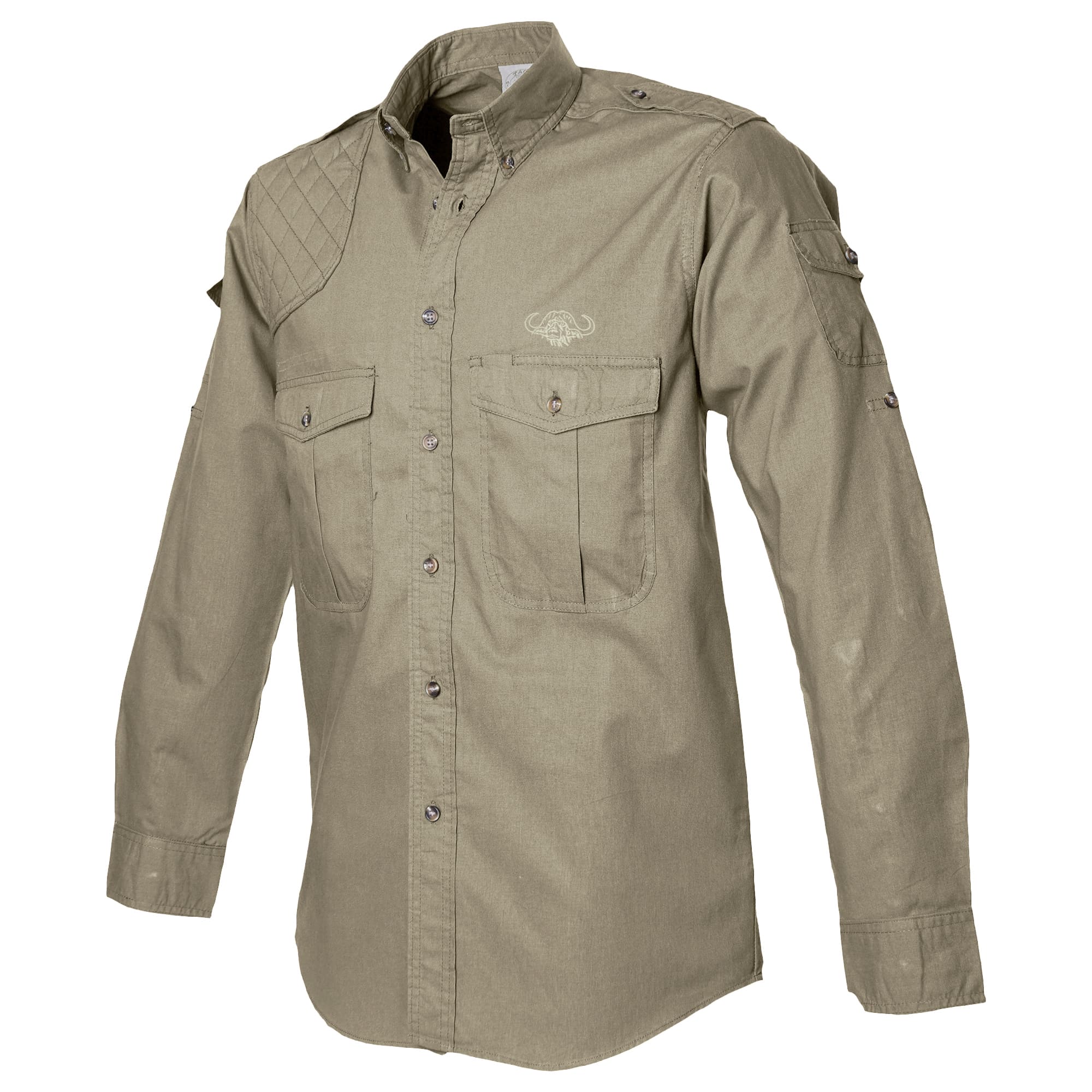 Tag Safari Long-Sleeve Shooter Shirt for Men with Buffalo Logo features a quilted shooting pad, button-flap chest and sleeve pockets, and an embroidered Buffalo above the left pocket. Shown in Khaki.--3