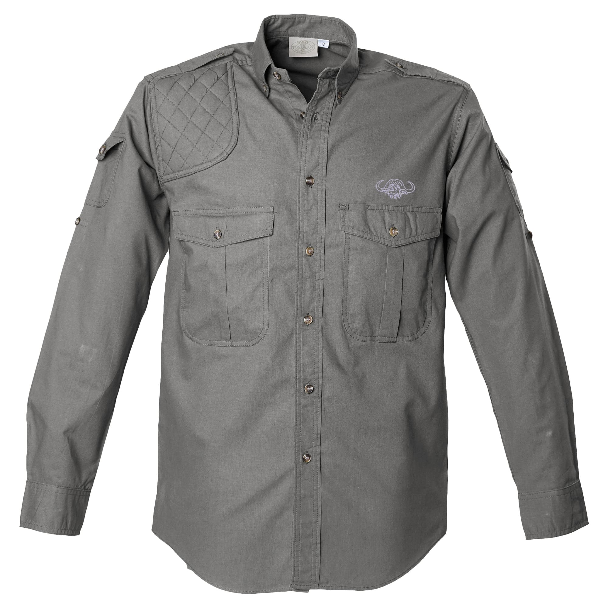 Tag Safari Long-Sleeve Shooter Shirt for Men with Buffalo Logo features a quilted shooting pad, button-flap chest and sleeve pockets, and an embroidered Buffalo above the left pocket. Shown in Olive Gray.--5
