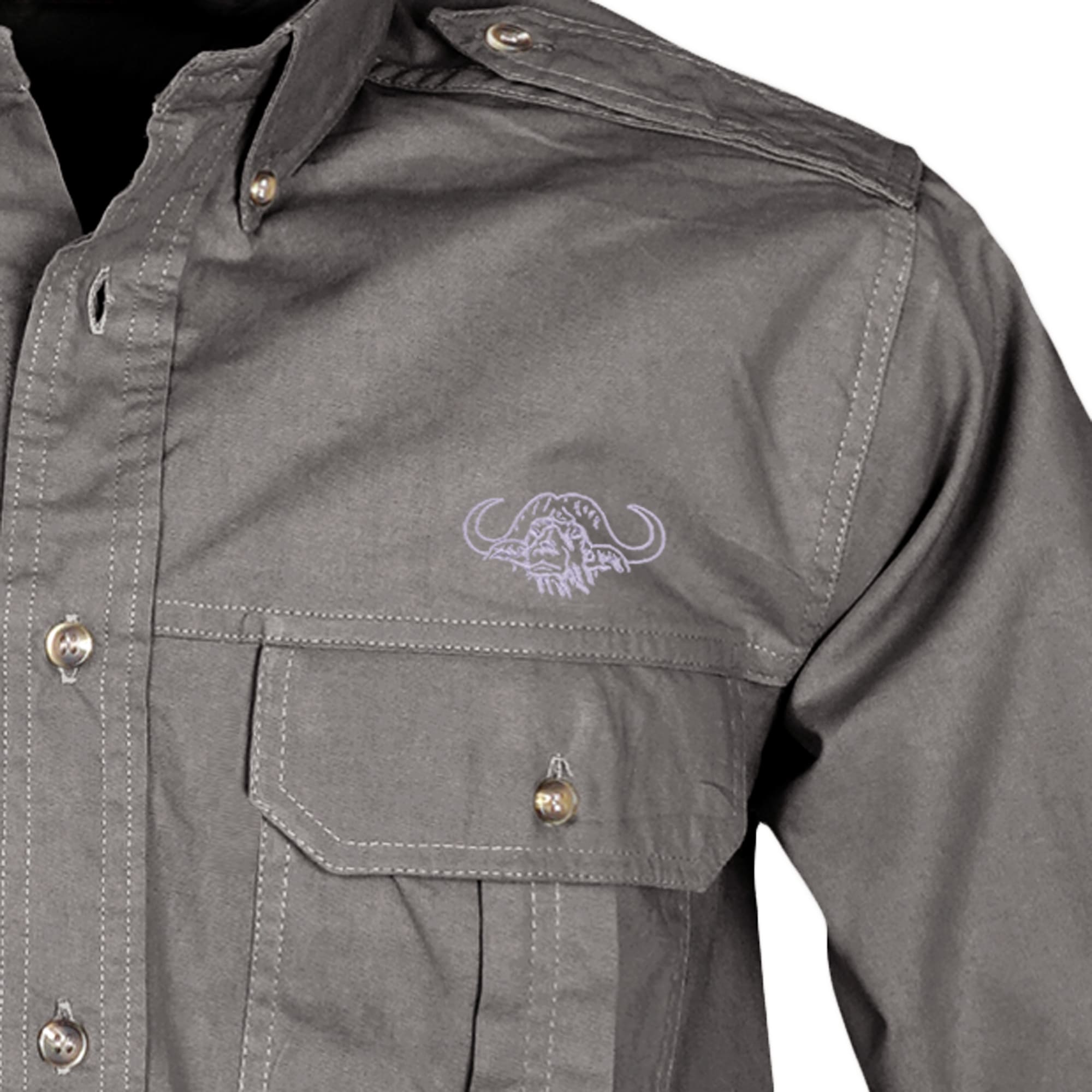Tag Safari Long-Sleeve Shooter Shirt for Men with Buffalo Logo features a quilted shooting pad, button-flap chest and sleeve pockets, and an embroidered Buffalo above the left pocket. Shown in Olive Gray.--8