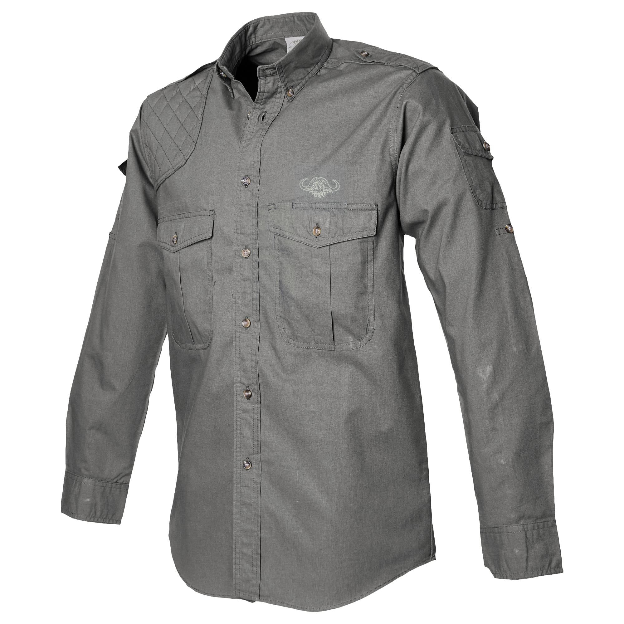 Tag Safari Long-Sleeve Shooter Shirt for Men with Buffalo Logo features a quilted shooting pad, button-flap chest and sleeve pockets, and an embroidered Buffalo above the left pocket. Shown in Olive Gray.--7