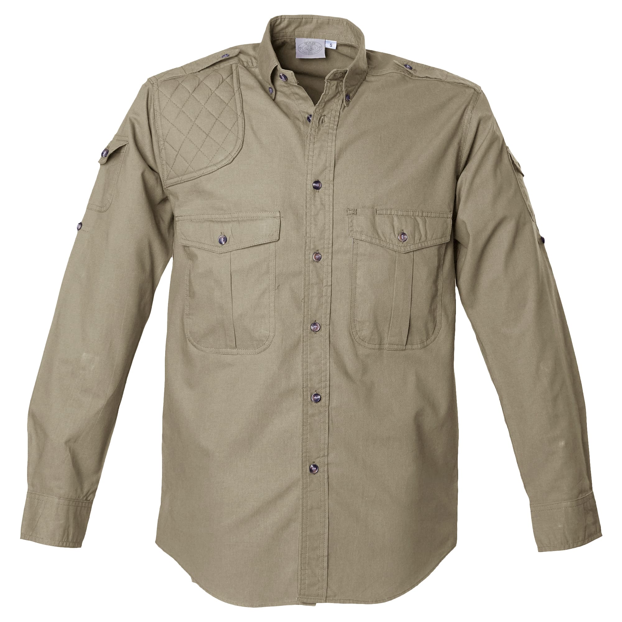 Tag Safari Long-Sleeve Shooter Shirt for Men features a quilted shooting pad, button-flap chest and sleeve pockets, and roll-up sleeve tabs. Shown in Khaki.--11