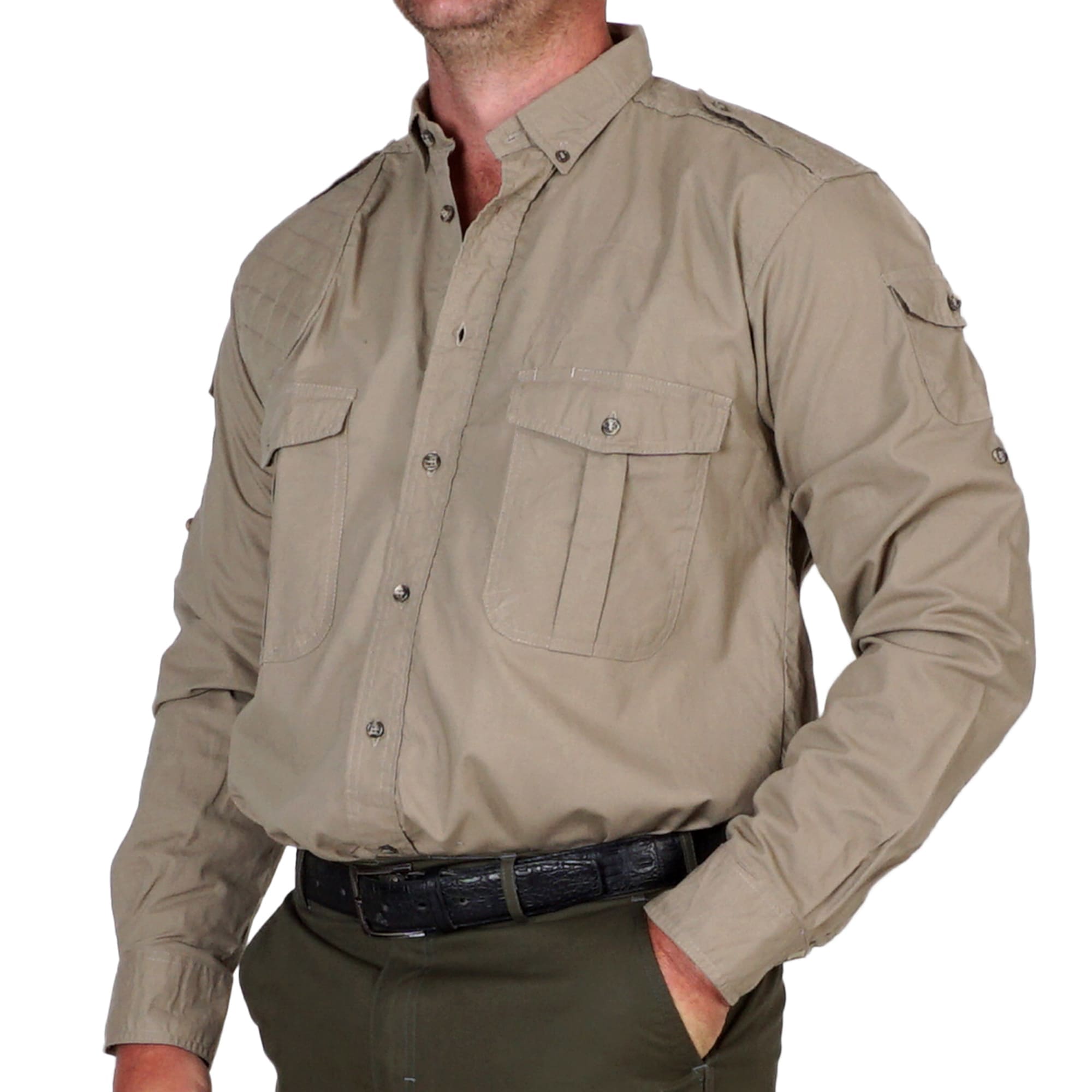 Tag Safari Long-Sleeve Shooter Shirt for Men features a quilted shooting pad, button-flap chest and sleeve pockets, and roll-up sleeve tabs. Shown in Khaki.--14