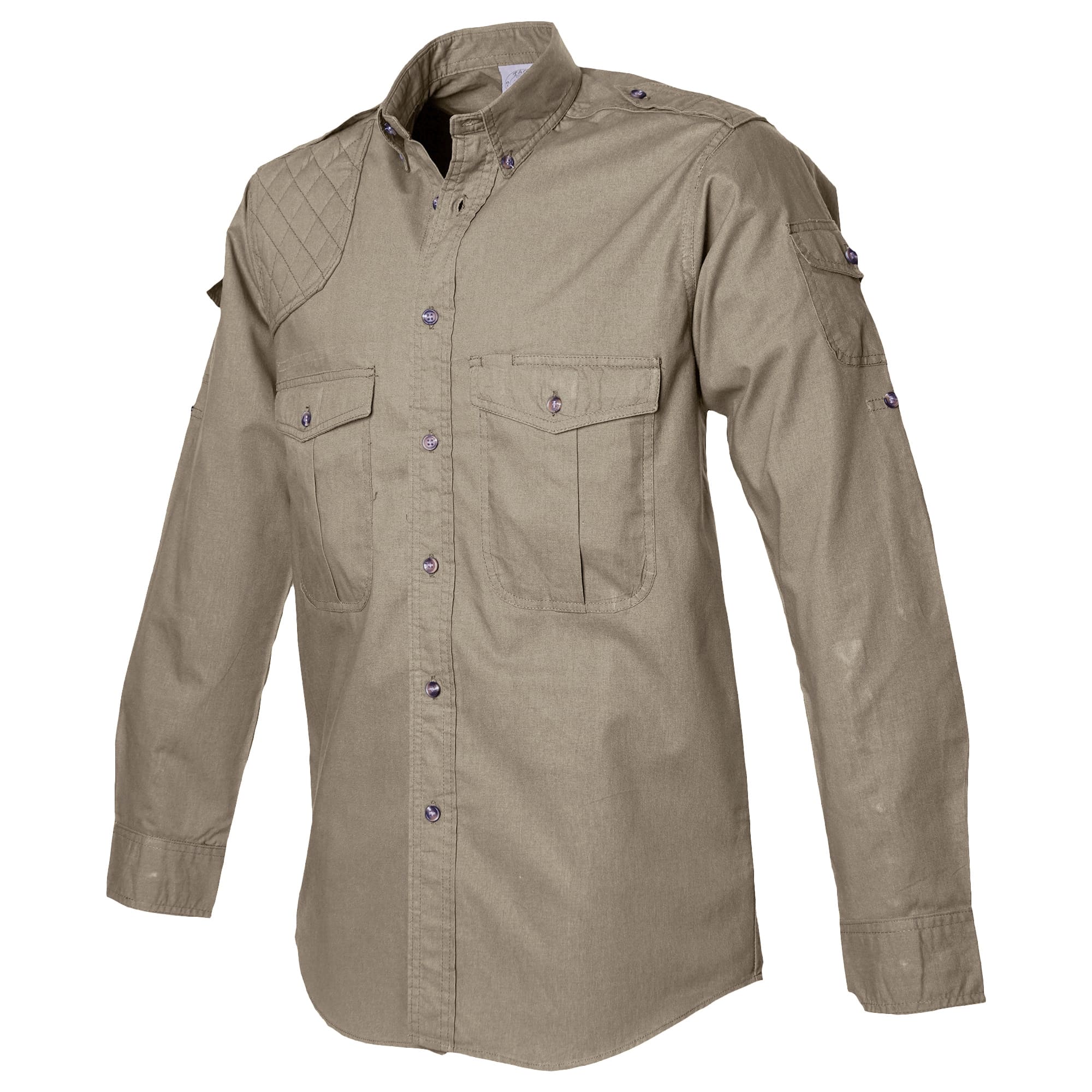 Tag Safari Long-Sleeve Shooter Shirt for Men features a quilted shooting pad, button-flap chest and sleeve pockets, and roll-up sleeve tabs. Shown in Khaki.--13