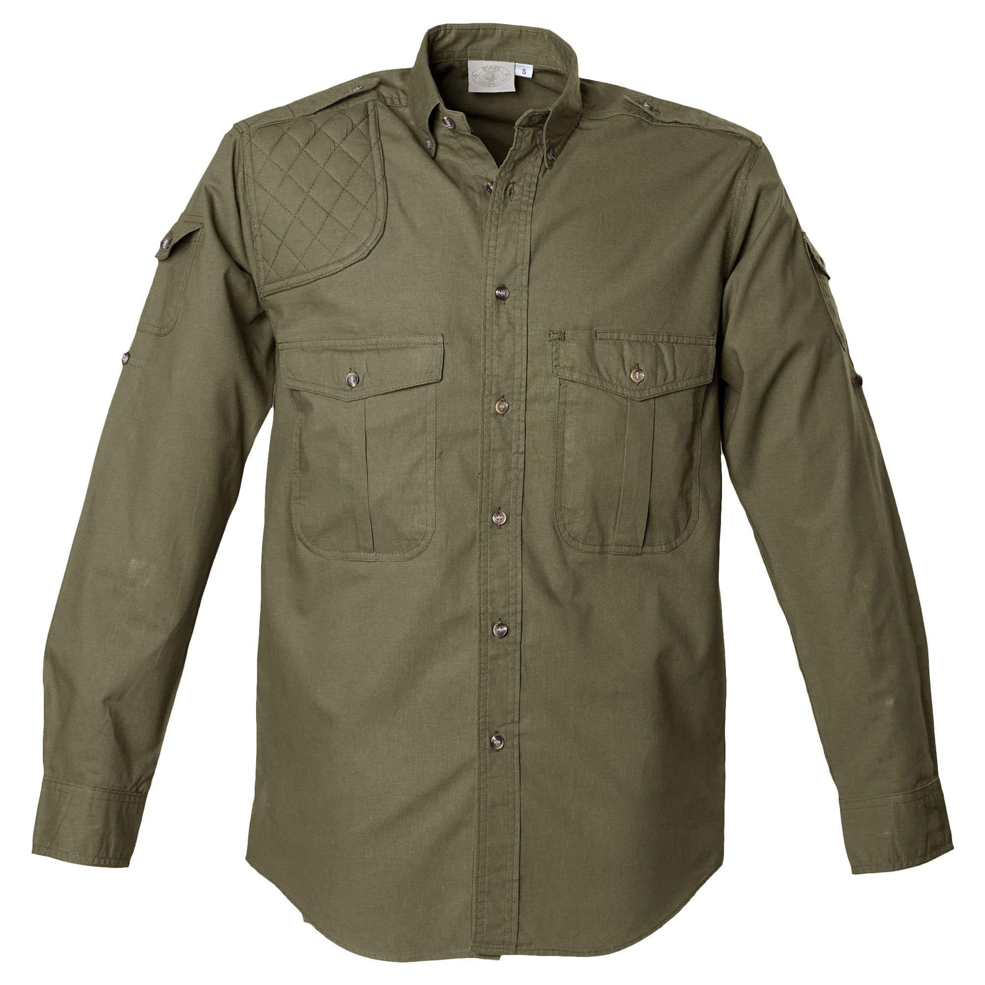 Tag Safari Long-Sleeve Shooter Shirt for Men features a quilted shooting pad, button-flap chest and sleeve pockets, and roll-up sleeve tabs. Shown in Moss Green.--8