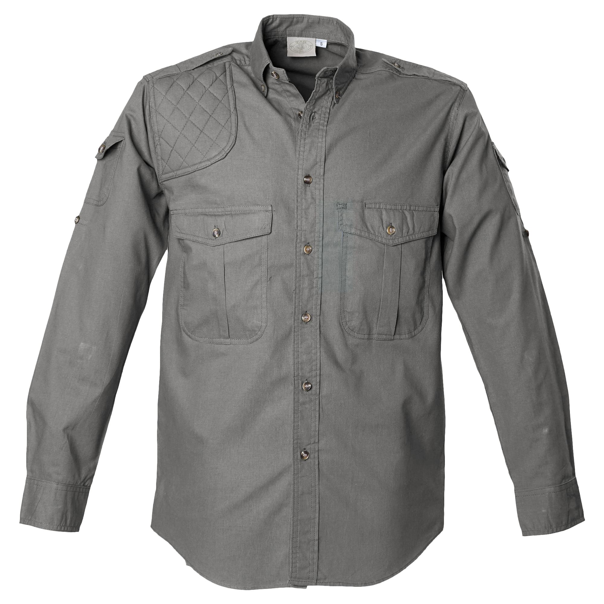 Tag Safari Long-Sleeve Shooter Shirt for Men features a quilted shooting pad, button-flap chest and sleeve pockets, and roll-up sleeve tabs. Shown in Olive Gray.--4