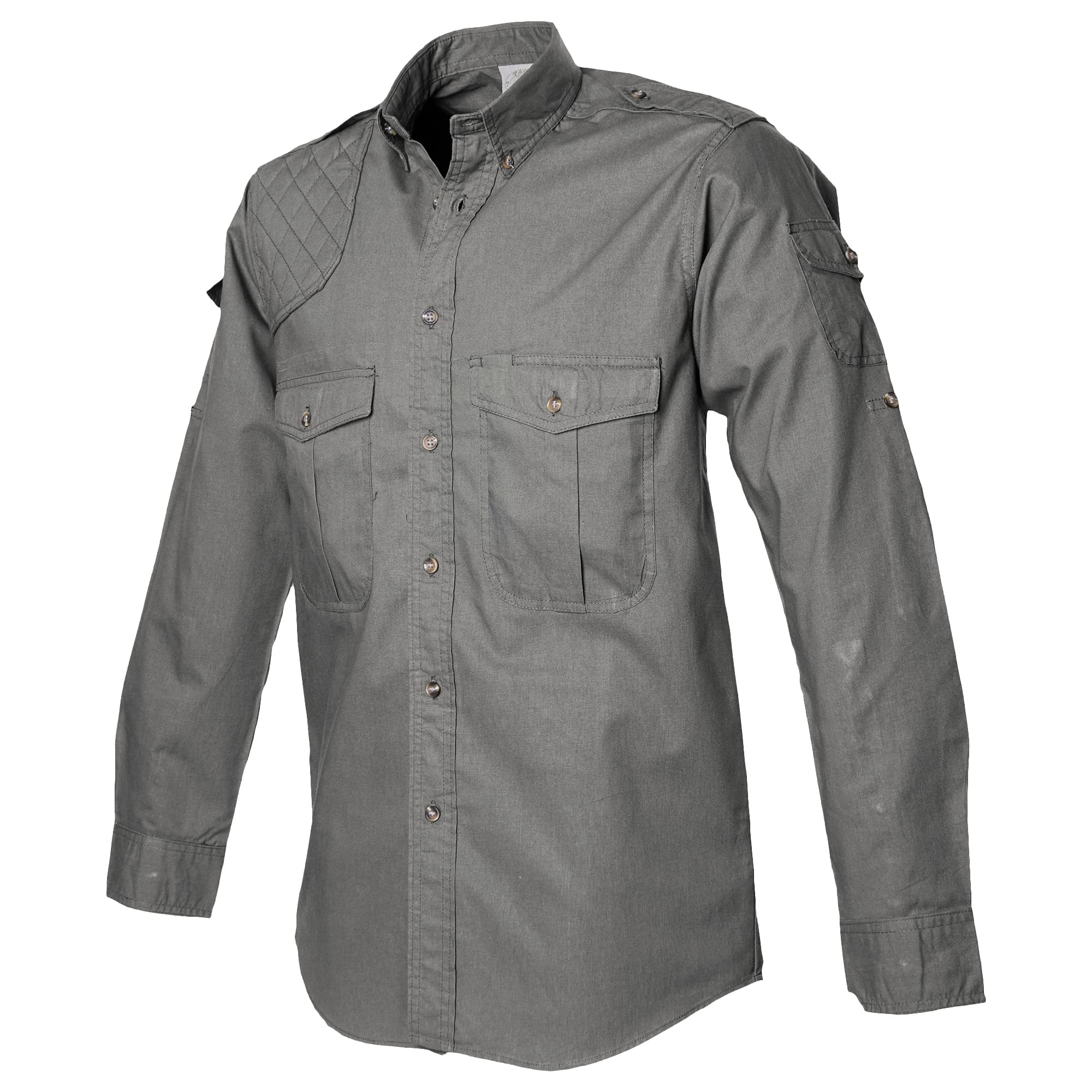 Tag Safari Long-Sleeve Shooter Shirt for Men features a quilted shooting pad, button-flap chest and sleeve pockets, and roll-up sleeve tabs. Shown in Olive Gray.--6