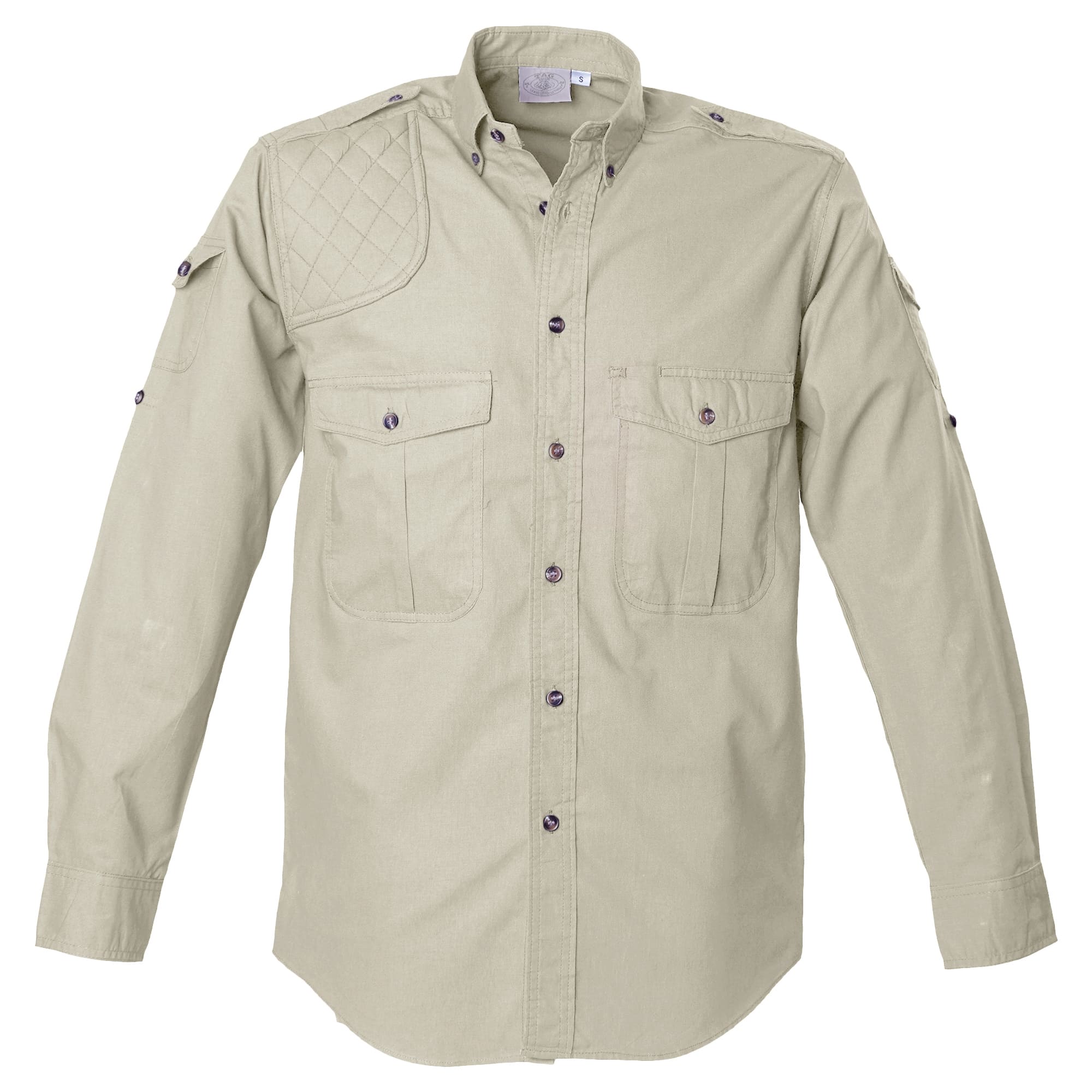 Tag Safari Long-Sleeve Shooter Shirt for Men features a quilted shooting pad, button-flap chest and sleeve pockets, and roll-up sleeve tabs. Shown in Stone.--1