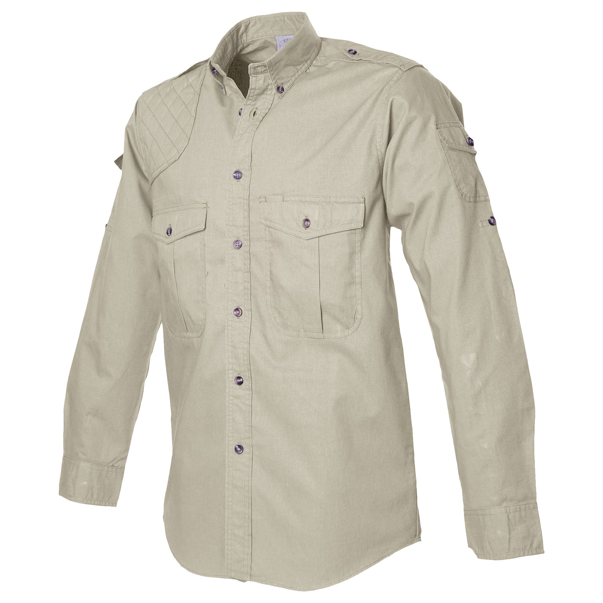 Tag Safari Long-Sleeve Shooter Shirt for Men features a quilted shooting pad, button-flap chest and sleeve pockets, and roll-up sleeve tabs. Shown in Stone.--3