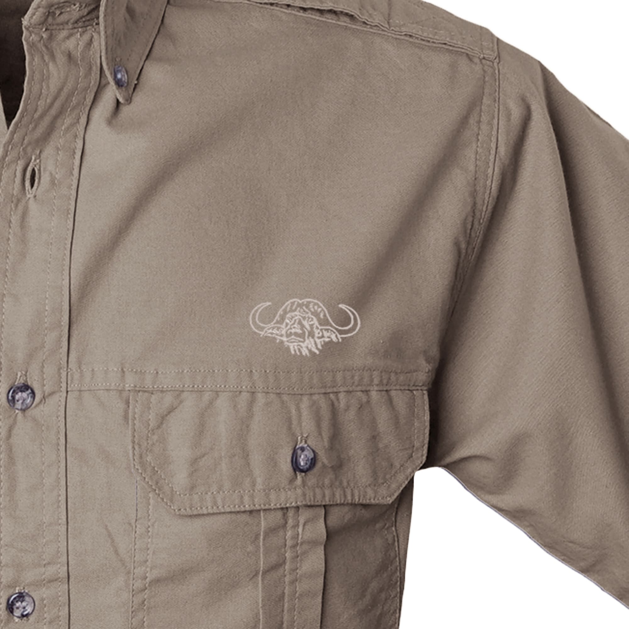 Close-up of a Tag Safari Short-Sleeve Shooter Shirt with Buffalo Logo for Men in Khaki. Shows a button-flap chest pocket, functional epaulette, button-down front placket, and an embroidered Tag Buffalo logo.--7