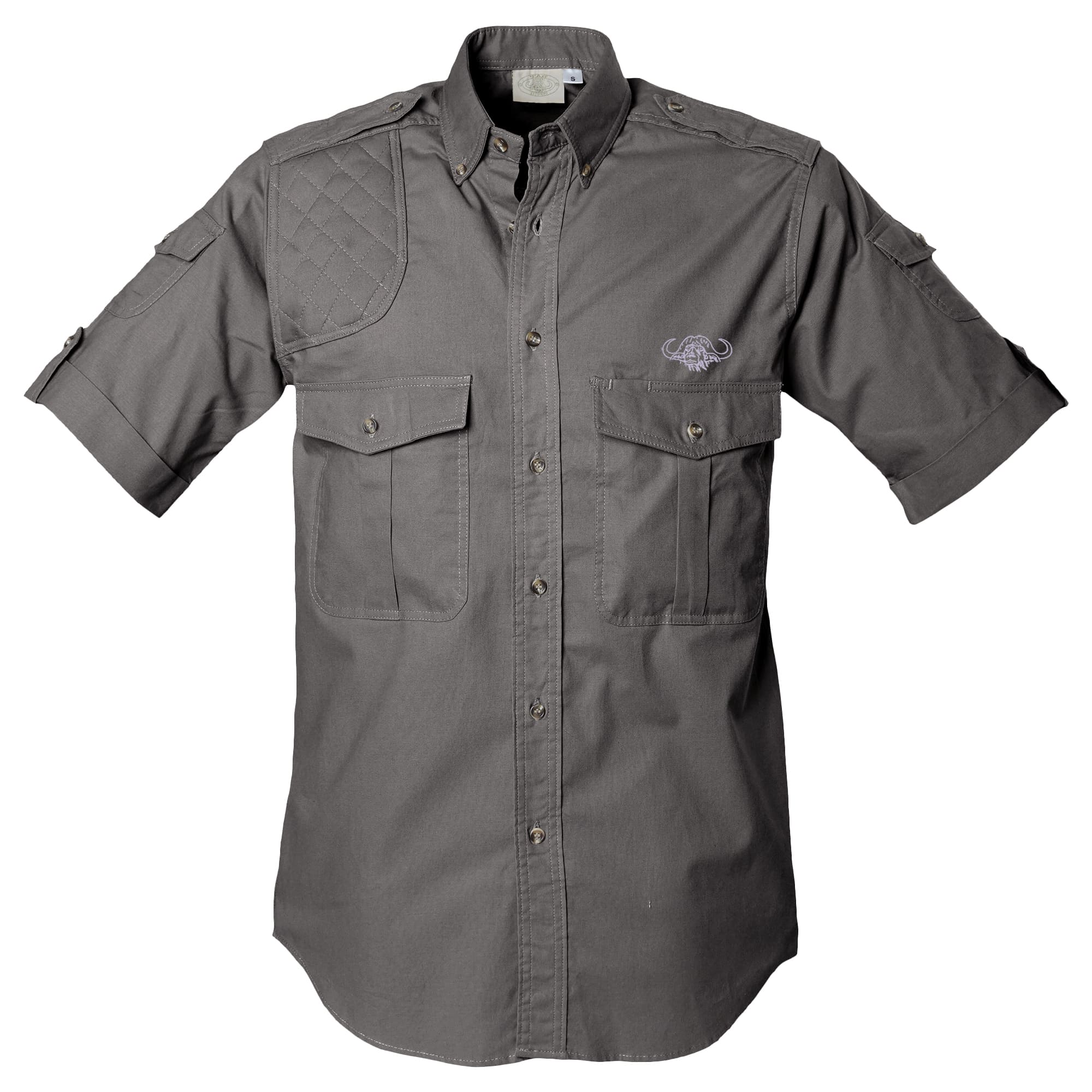 Front view of a Tag Safari Short-Sleeve Shooter Shirt with Buffalo Logo for Men in Olive Gray. Shows a quilted shooting pad, two button-flap chest pockets, two button-flap sleeve pockets, functional epaulettes, a button-down front placket, and an embroidered Tag Buffalo logo.--1