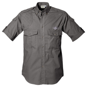 Tag Safari Short-Sleeve Shooter Shirt for Men with Buffalo Logo features a quilted shooting pad, button-flap chest and sleeve pockets, and an embroidered Buffalo above the left pocket. Shown in Olive Gray.