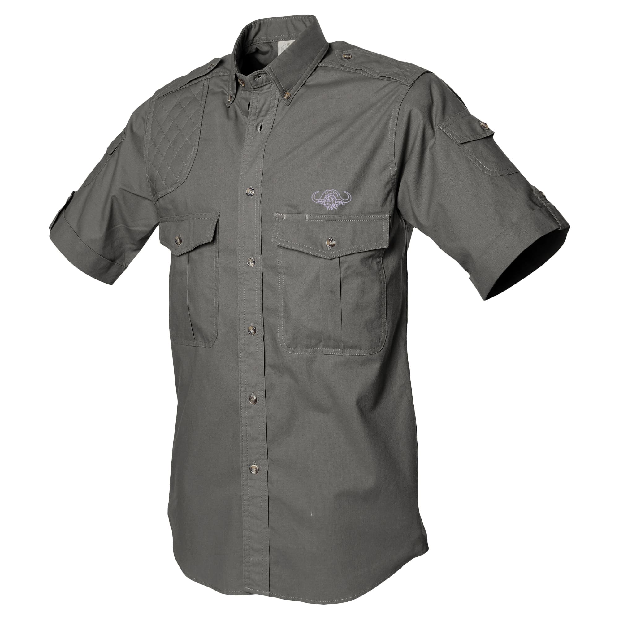 Side view of a Tag Safari Short-Sleeve Shooter Shirt with Buffalo Logo for Men in Olive Gray. Shows a quilted shooting pad, two button-flap chest pockets, two button-flap sleeve pockets, functional epaulettes, a button-down front placket, and an embroidered Tag Buffalo logo.--3