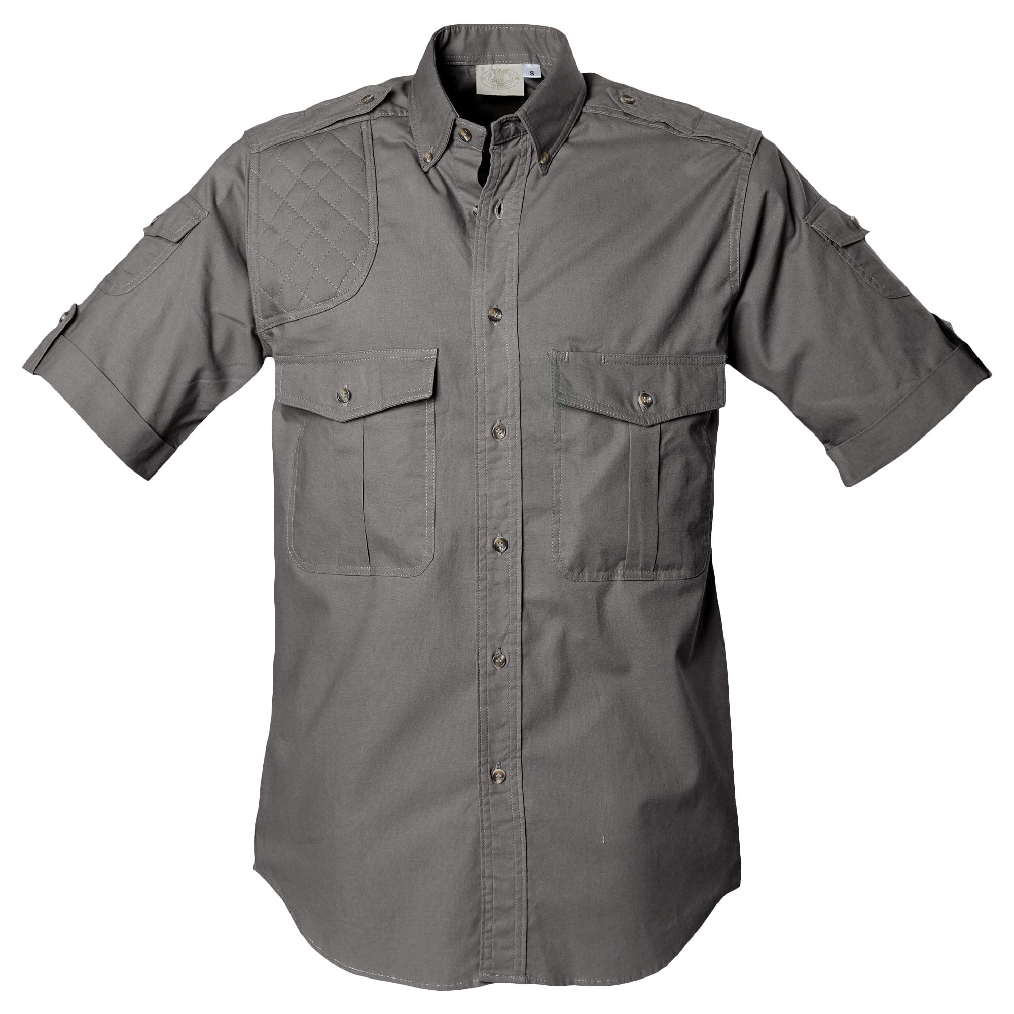 Tag Safari Short-Sleeve Shooter Shirt for Men features a quilted shooting pad, button-flap chest and sleeve pockets, and functional epaulettes. Shown in Olive Gray.--10