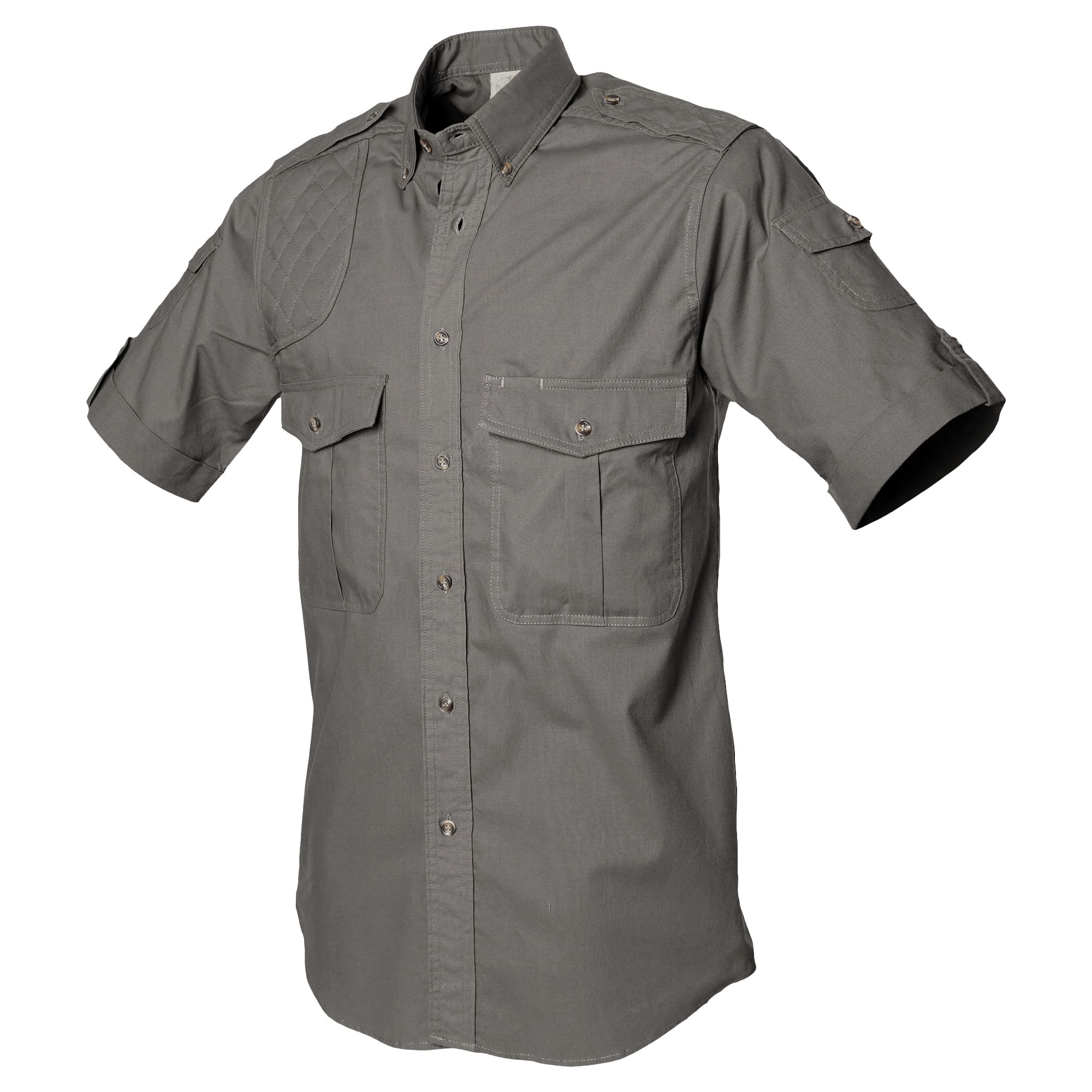 Tag Safari Short-Sleeve Shooter Shirt for Men features a quilted shooting pad, button-flap chest and sleeve pockets, and functional epaulettes. Shown in Olive Gray.--12
