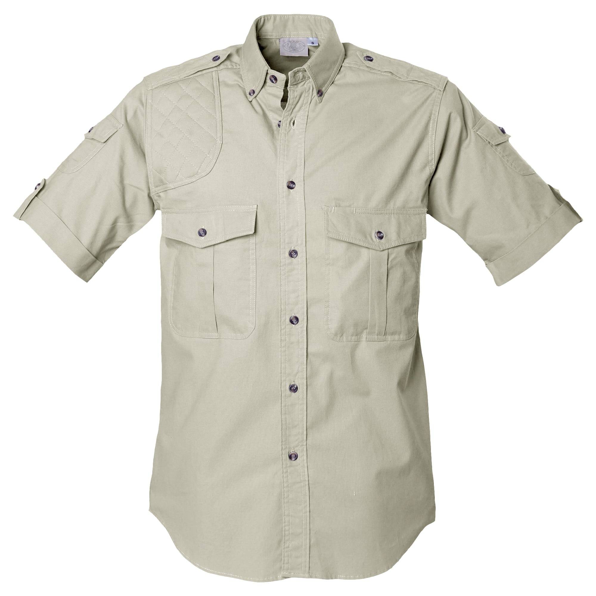 Tag Safari Short-Sleeve Shooter Shirt for Men features a quilted shooting pad, button-flap chest and sleeve pockets, and functional epaulettes. Shown in Stone.--7