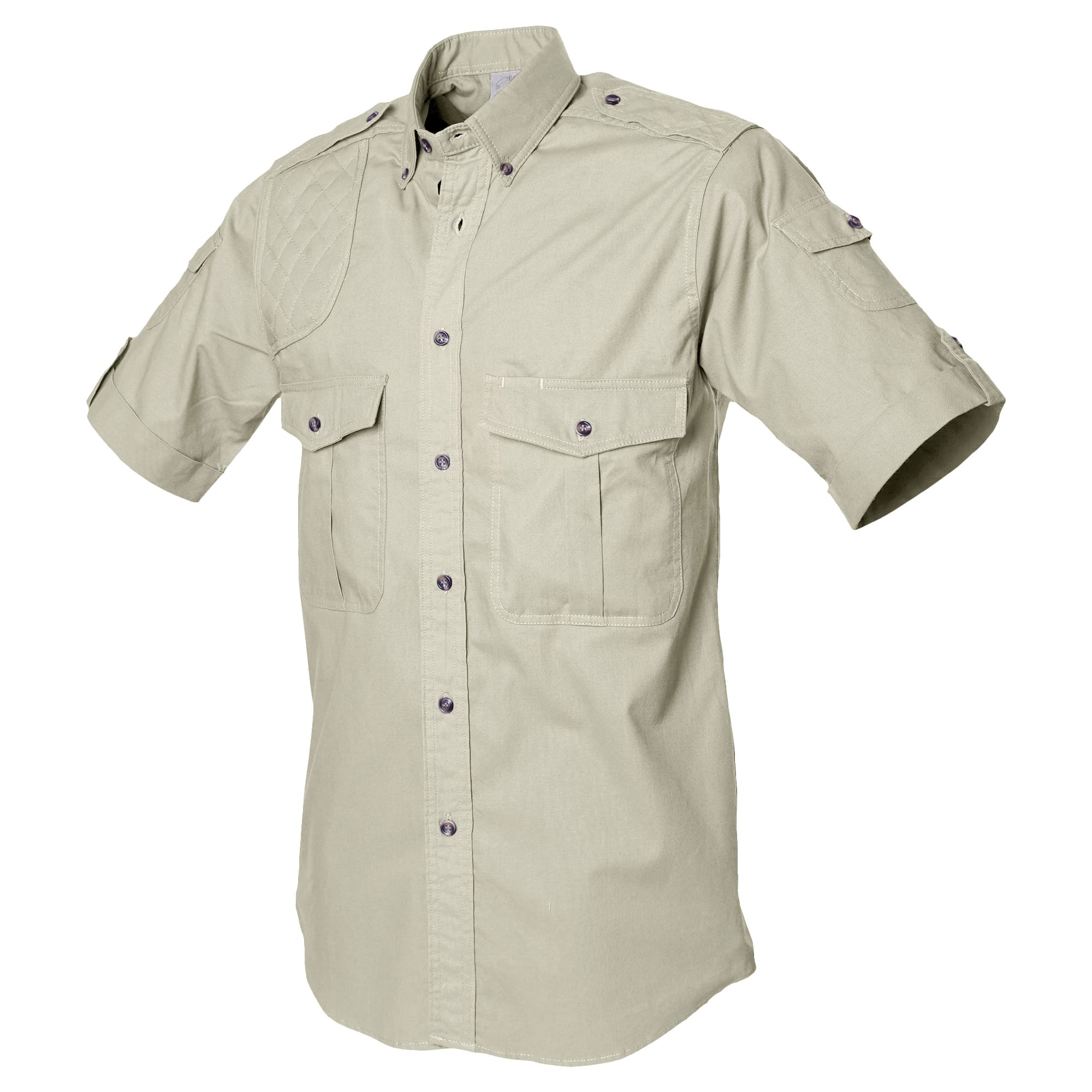 Tag Safari Short-Sleeve Shooter Shirt for Men features a quilted shooting pad, button-flap chest and sleeve pockets, and functional epaulettes. Shown in Stone.--9