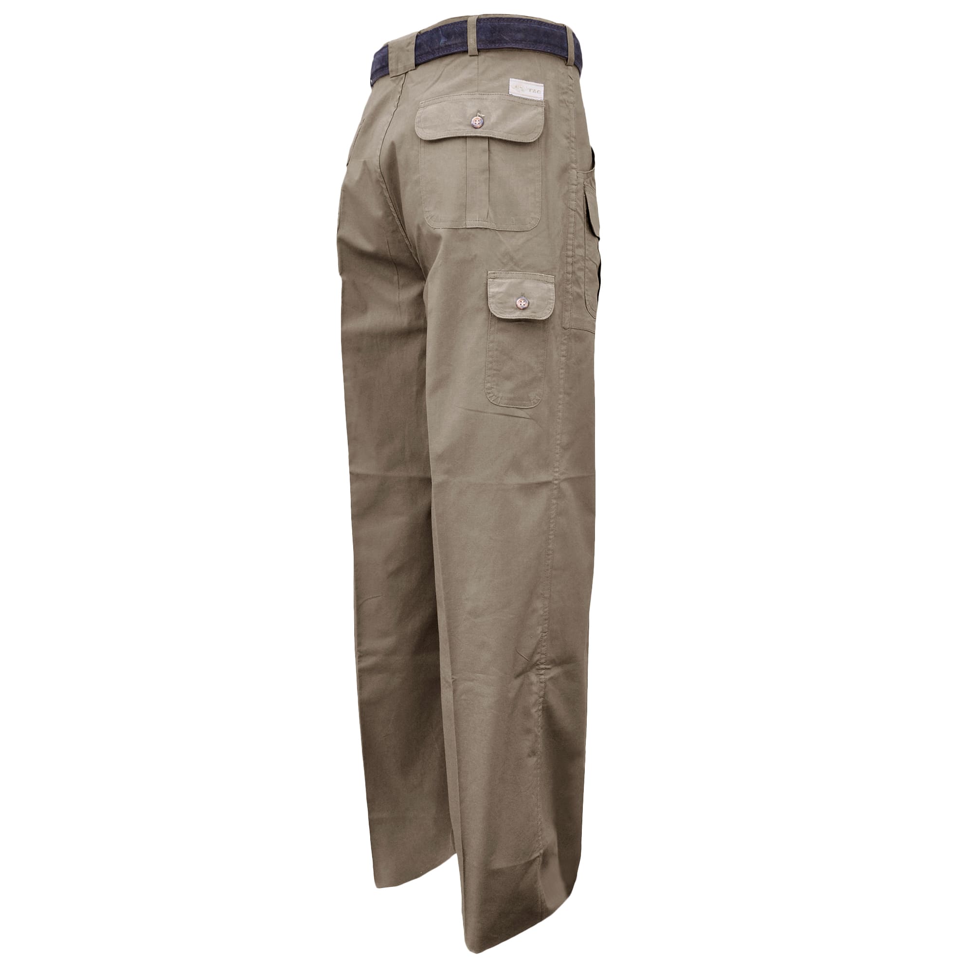 Tag Safari Six-Pocket Congo Pants for Men feature slash-style hip pockets, button-flap side, back, and utility pockets, discreet elastic waist panels, and large belt loops. Shown in Khaki.--2