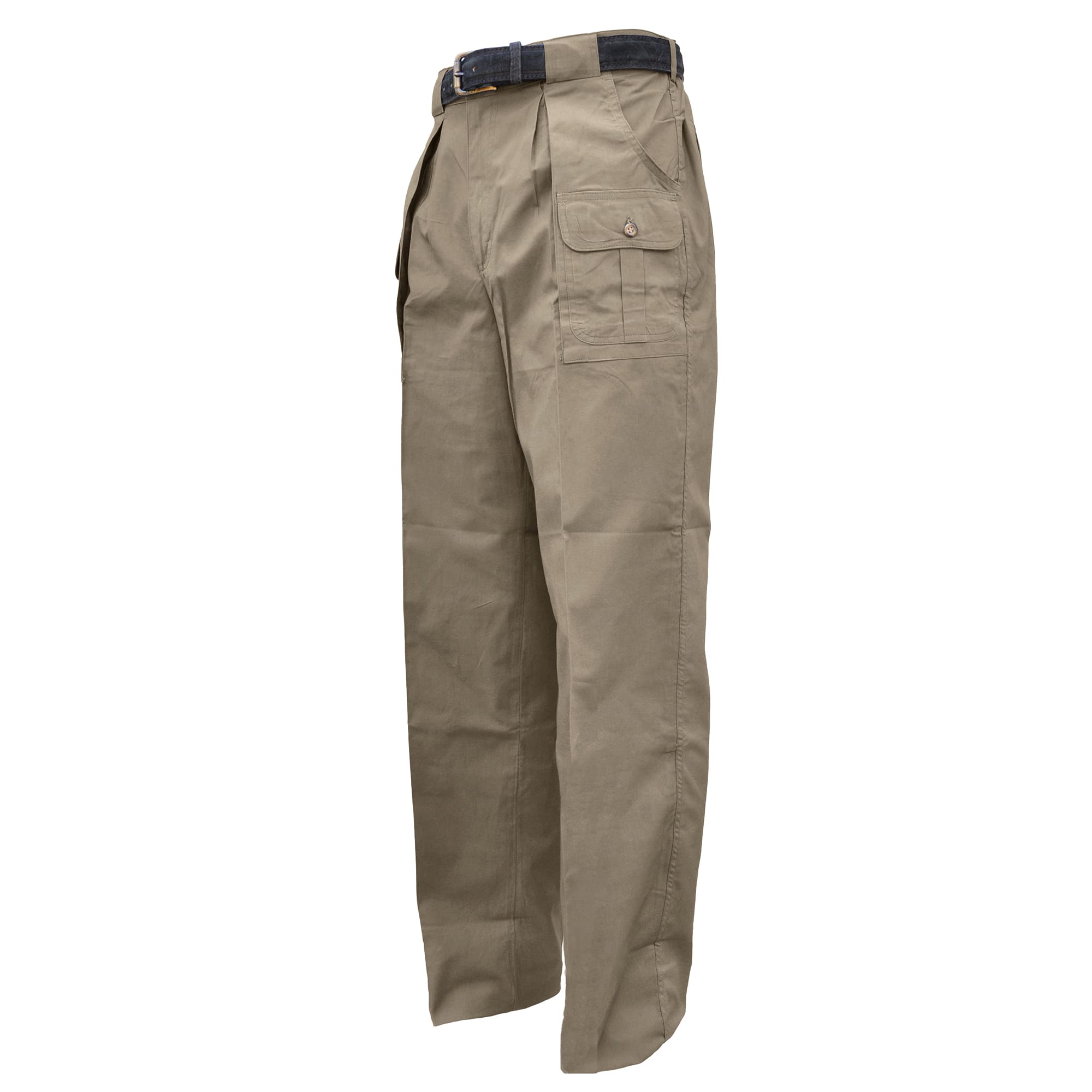 Tag Safari Six-Pocket Congo Pants for Men feature slash-style hip pockets, button-flap side, back, and utility pockets, discreet elastic waist panels, and large belt loops. Shown in Khaki.--1