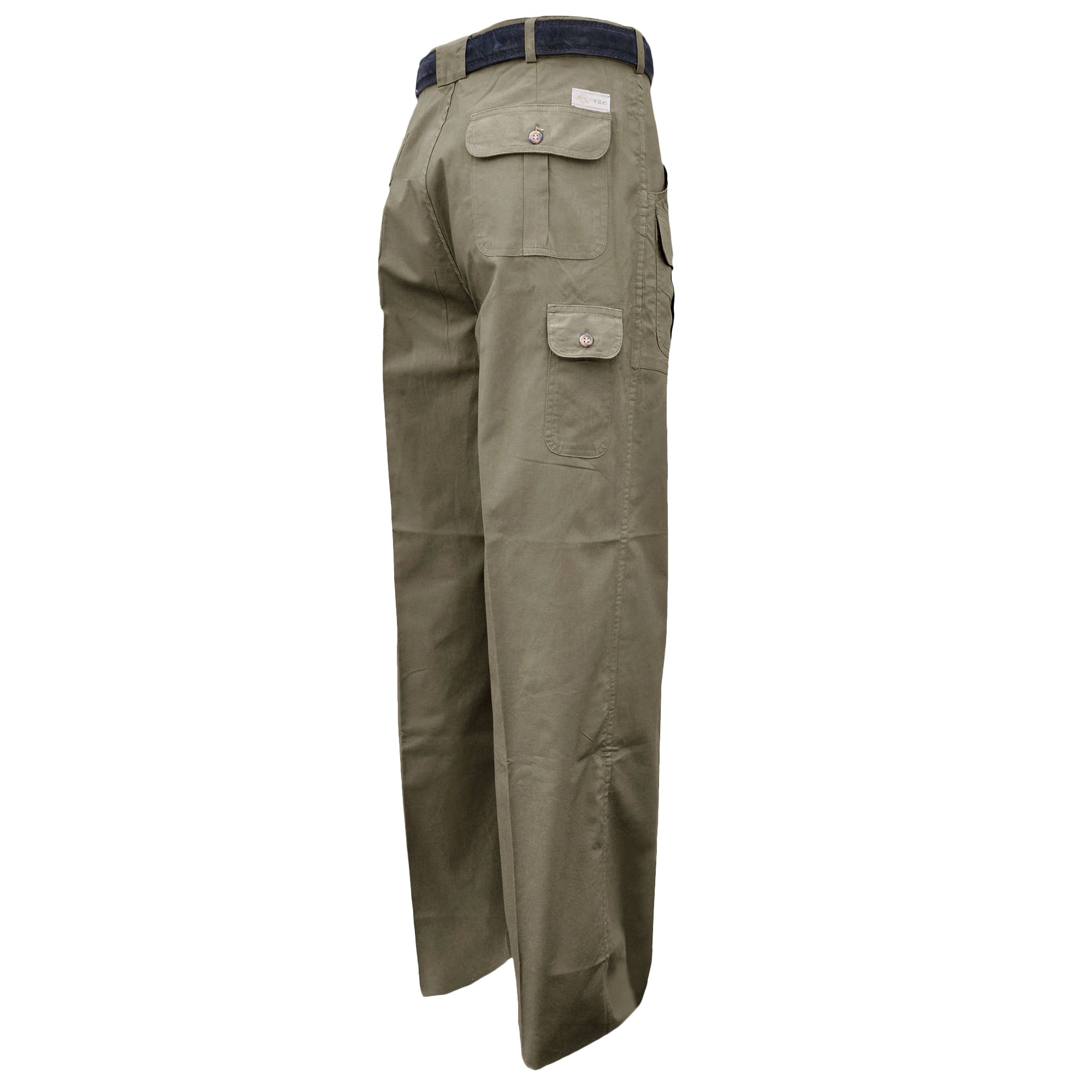 Tag Safari Six-Pocket Congo Pants for Men feature slash-style hip pockets, button-flap side, back, and utility pockets, discreet elastic waist panels, and large belt loops. Shown in Moss Green.--6