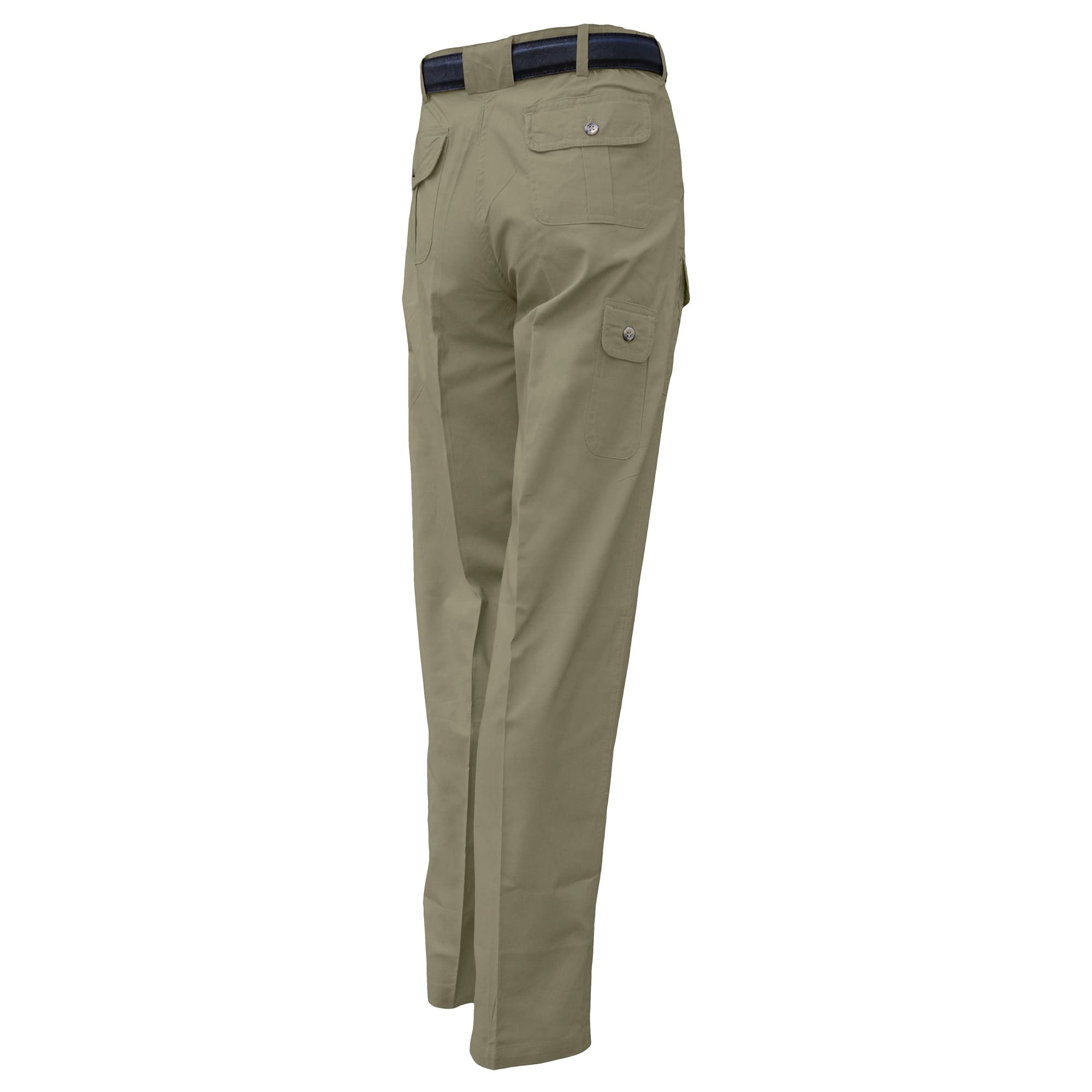 Back view of Tag Safari Six Pocket Congo Pants for Women in Moss Green. Shows two button-flap back pockets, a button-flap utility pocket, and large belt loops.--6