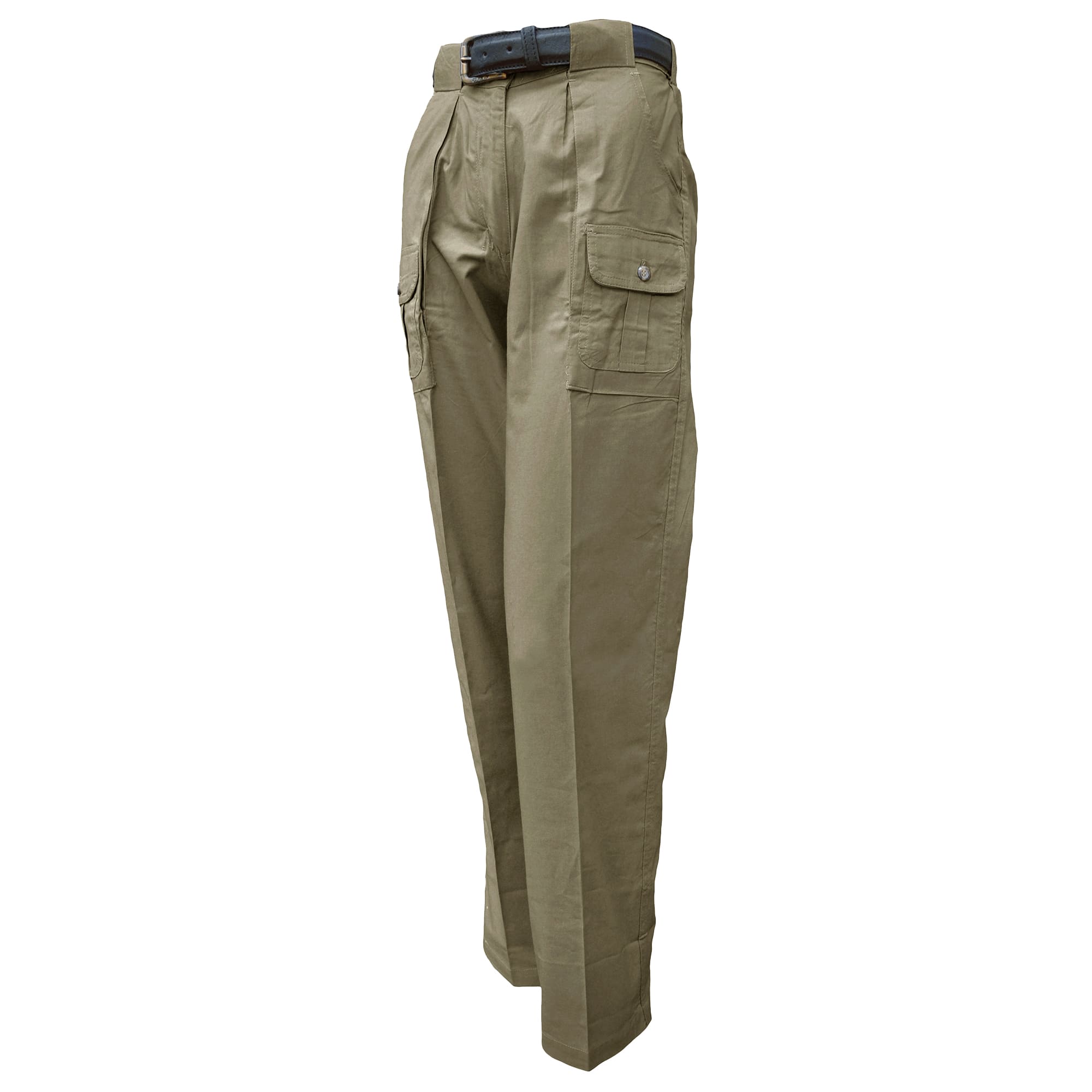 Front view of Tag Safari Six-Pocket Congo Pants for Women in Moss Green. Shows two slash-style hip pockets, two button-flap thigh pockets, and large belt loops.--5