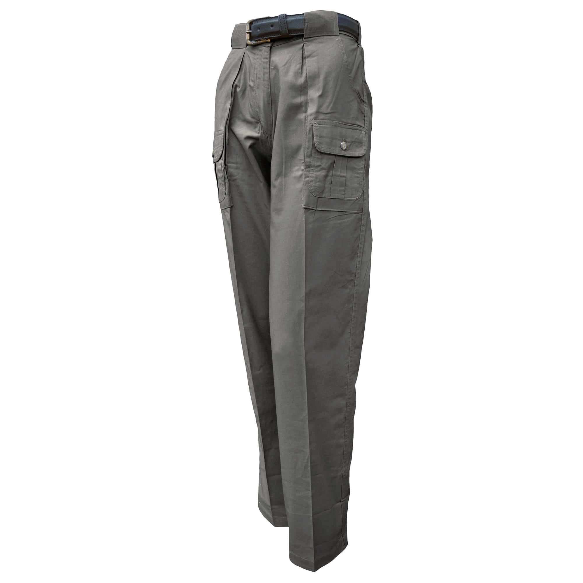 Front view of Tag Safari Six-Pocket Congo Pants for Women in Olive Gray. Shows two slash-style hip pockets, two button-flap thigh pockets, and large belt loops.--3
