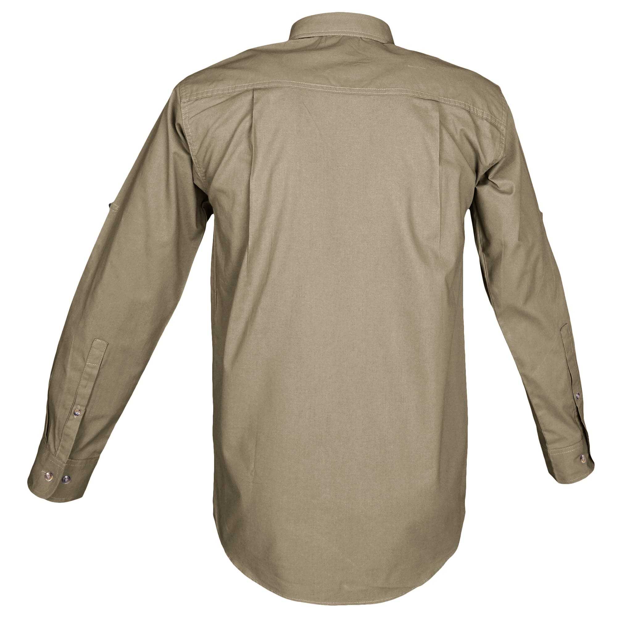 Back view of a Tag Safari Long-Sleeve Trail Shirt with Buffalo Logo for Men in Khaki. Shows a double-layered yoke with back tucks, functional epaulettes, and roll-up sleeve tabs.--6