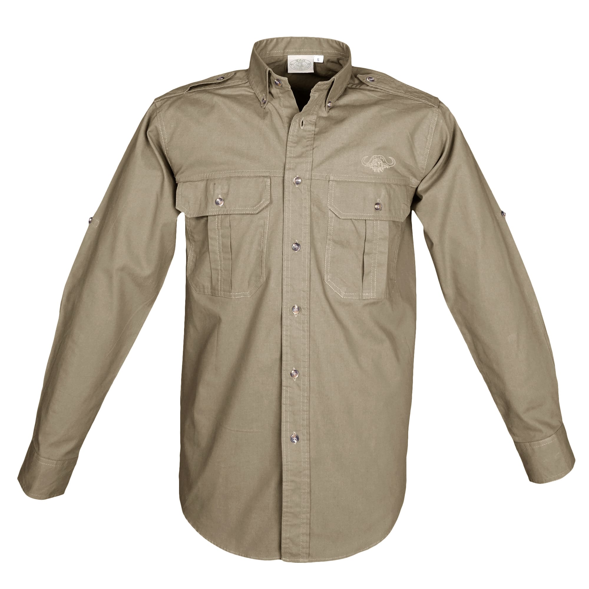 Front view of a Tag Safari Long Sleeve Trail Shirt with Buffalo Logo for Men in Khaki. Shows two button-flap chest pockets, functional epaulettes, roll-up sleeve tabs, a button-down front placket, and an embroidered Tag buffalo logo.--5