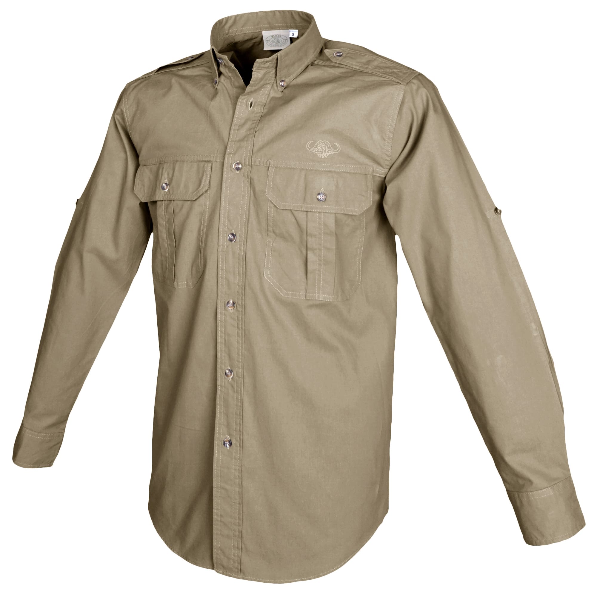 Side view of a Tag Safari Long Sleeve Trail Shirt with Buffalo Logo for Men in Khaki. Shows two button-flap chest pockets, functional epaulettes, roll-up sleeve tabs, a button-down front placket, and an embroidered Tag buffalo logo.--7