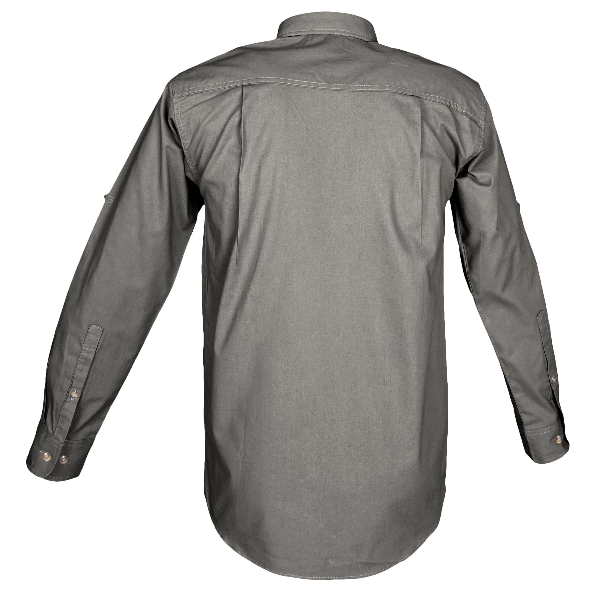 Back view of a Tag Safari Long-Sleeve Trail Shirt with Buffalo Logo for Men in Olive Gray. Shows a double-layered yoke with back tucks, functional epaulettes, and roll-up sleeve tabs.--2