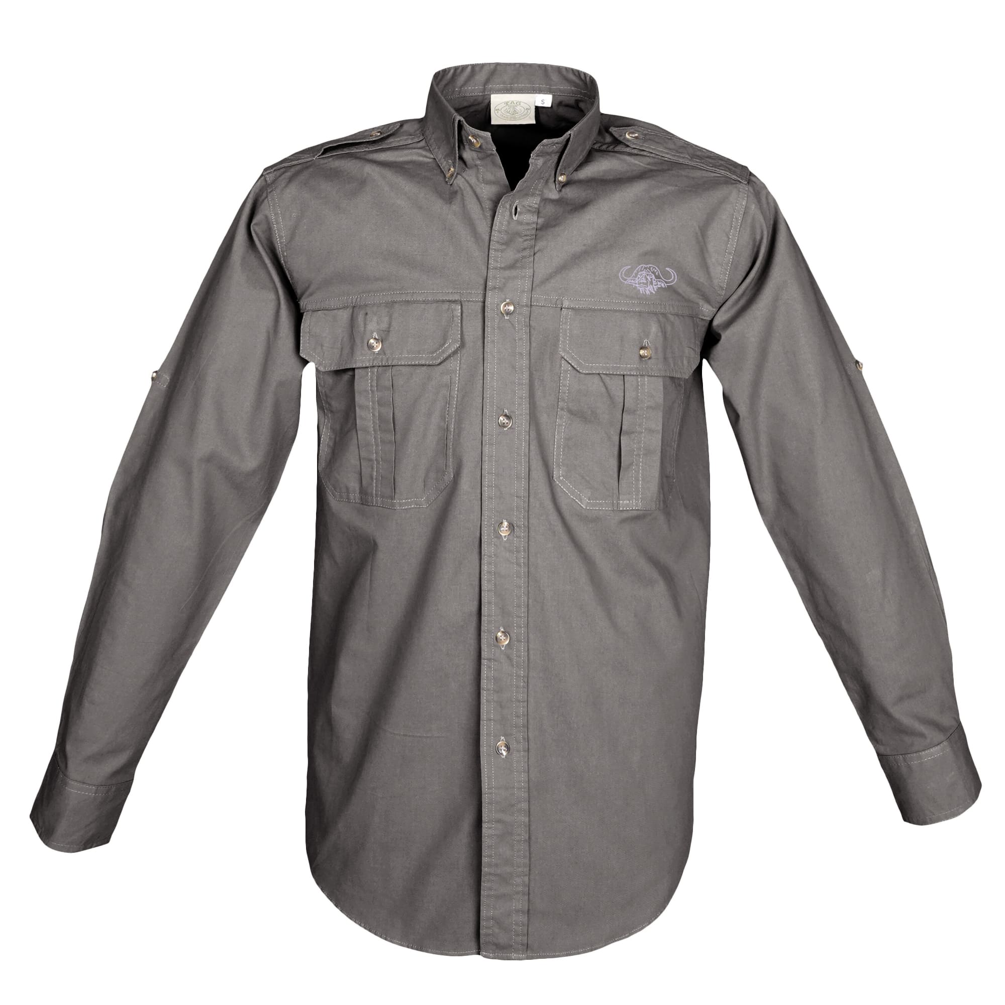 Front view of a Tag Safari Long Sleeve Trail Shirt with Buffalo Logo for Men in Olive Gray. Shows two button-flap chest pockets, functional epaulettes, roll-up sleeve tabs, a button-down front placket, and an embroidered Tag buffalo logo.--1