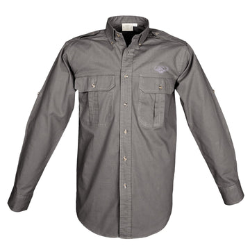 Tag Safari Long-Sleeve Trail Shirt for Men with Buffalo Logo features button-flap chest pockets, functional epaulettes, and an embroidered Buffalo above the left pocket. Shown in Olive Gray.