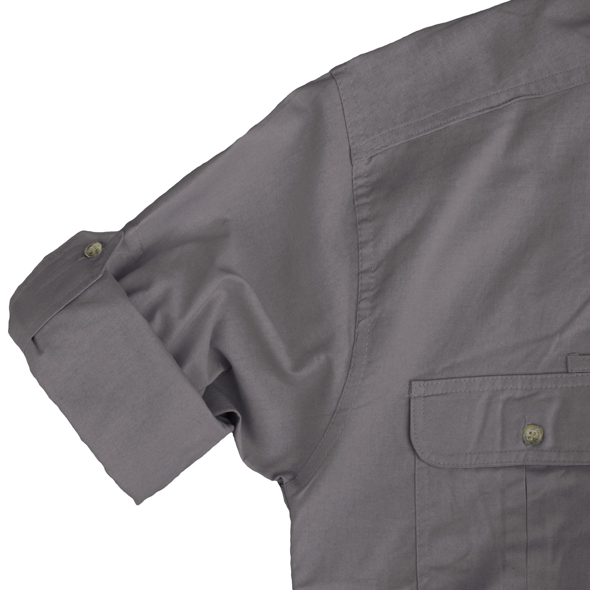 Tag Safari Long-Sleeve Trail Shirt for Men with Buffalo Logo features button-flap chest pockets, functional epaulettes, and an embroidered Buffalo above the left pocket. Shown in Olive Gray.--15
