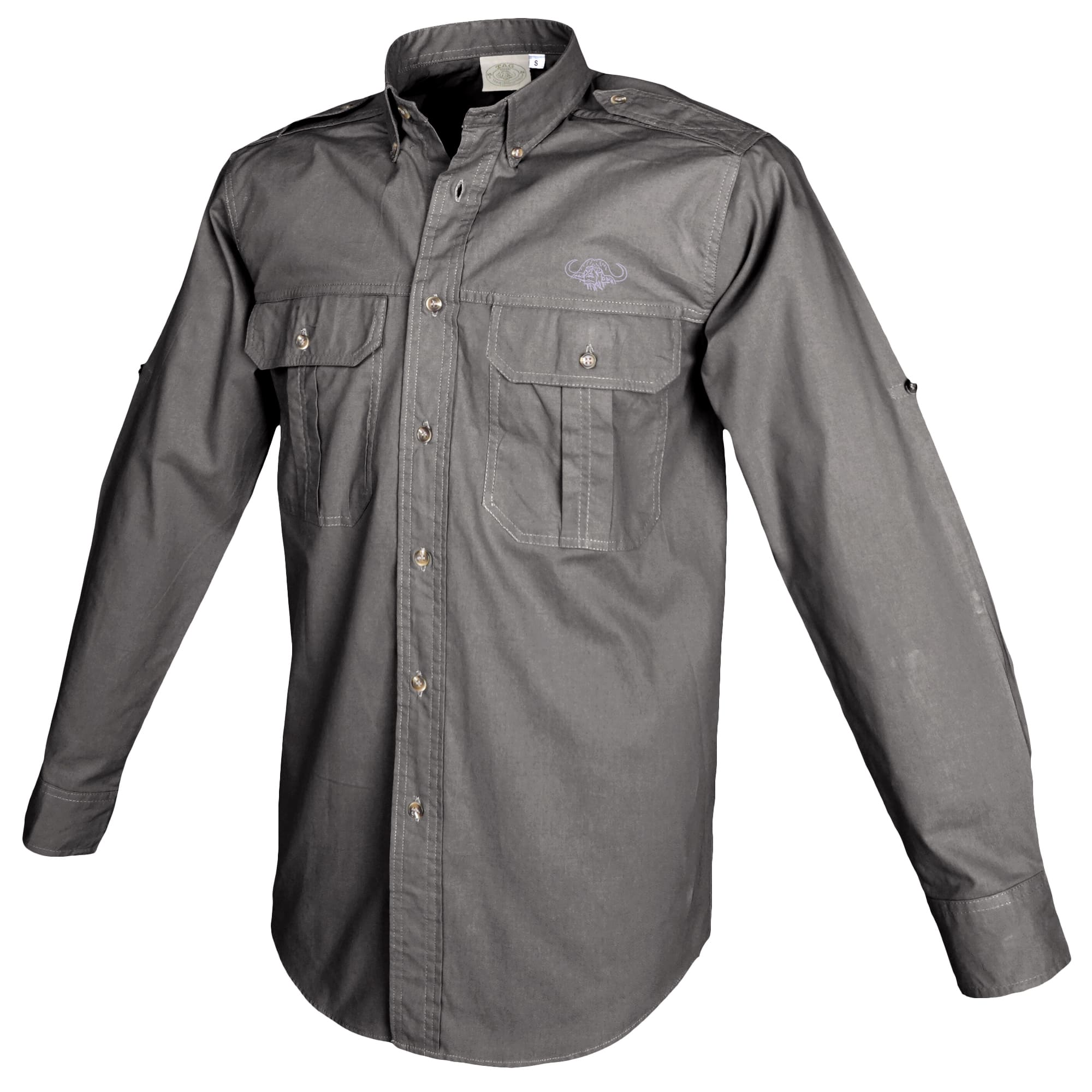 Side view of a Tag Safari Long Sleeve Trail Shirt with Buffalo Logo for Men in Olive Gray. Shows two button-flap chest pockets, functional epaulettes, roll-up sleeve tabs, a button-down front placket, and an embroidered Tag buffalo logo.--3