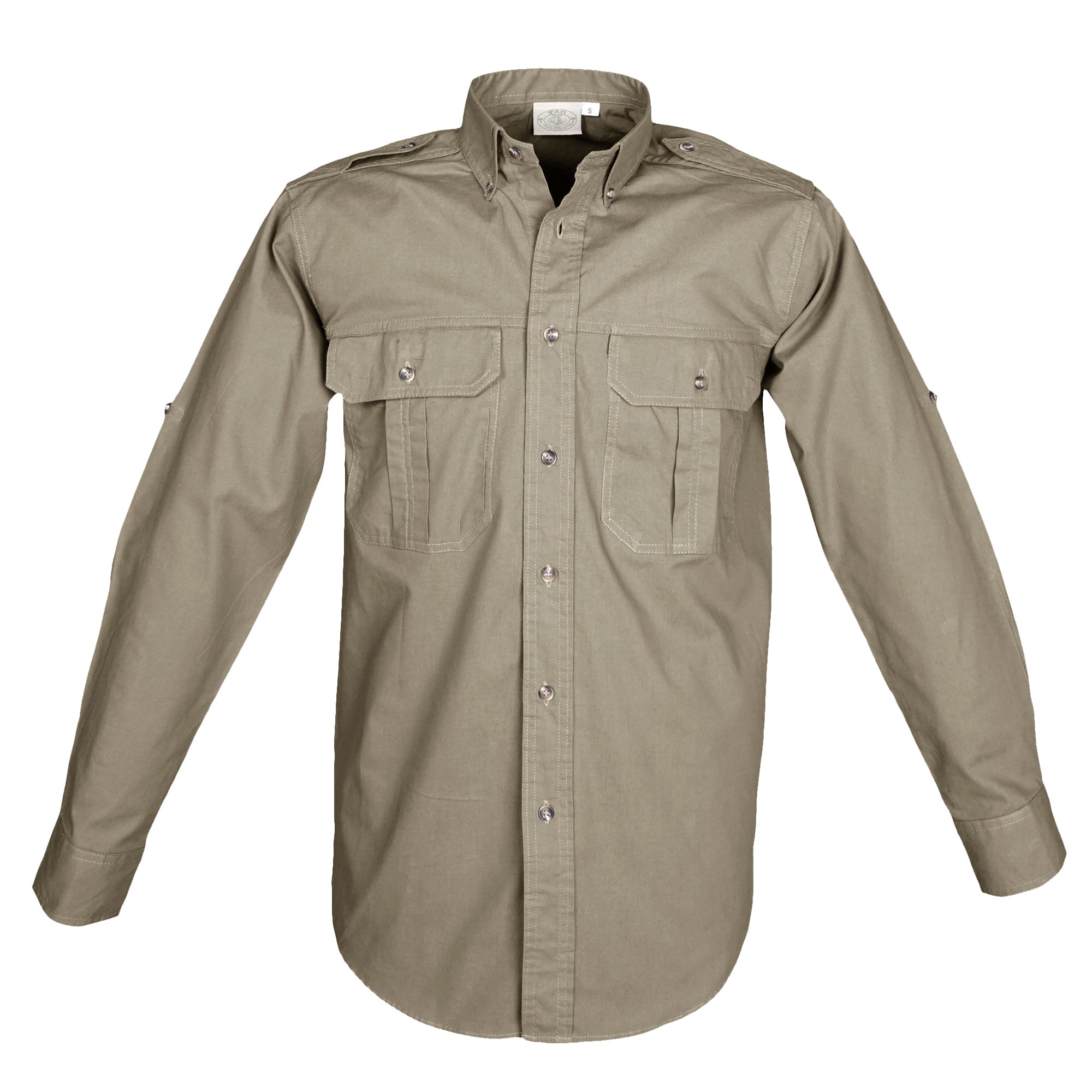 Tag Safari Long-Sleeve Trail Shirt for Men features button-flap chest pockets, functional epaulettes, and roll-up sleeve tabs. Shown in Khaki.--4