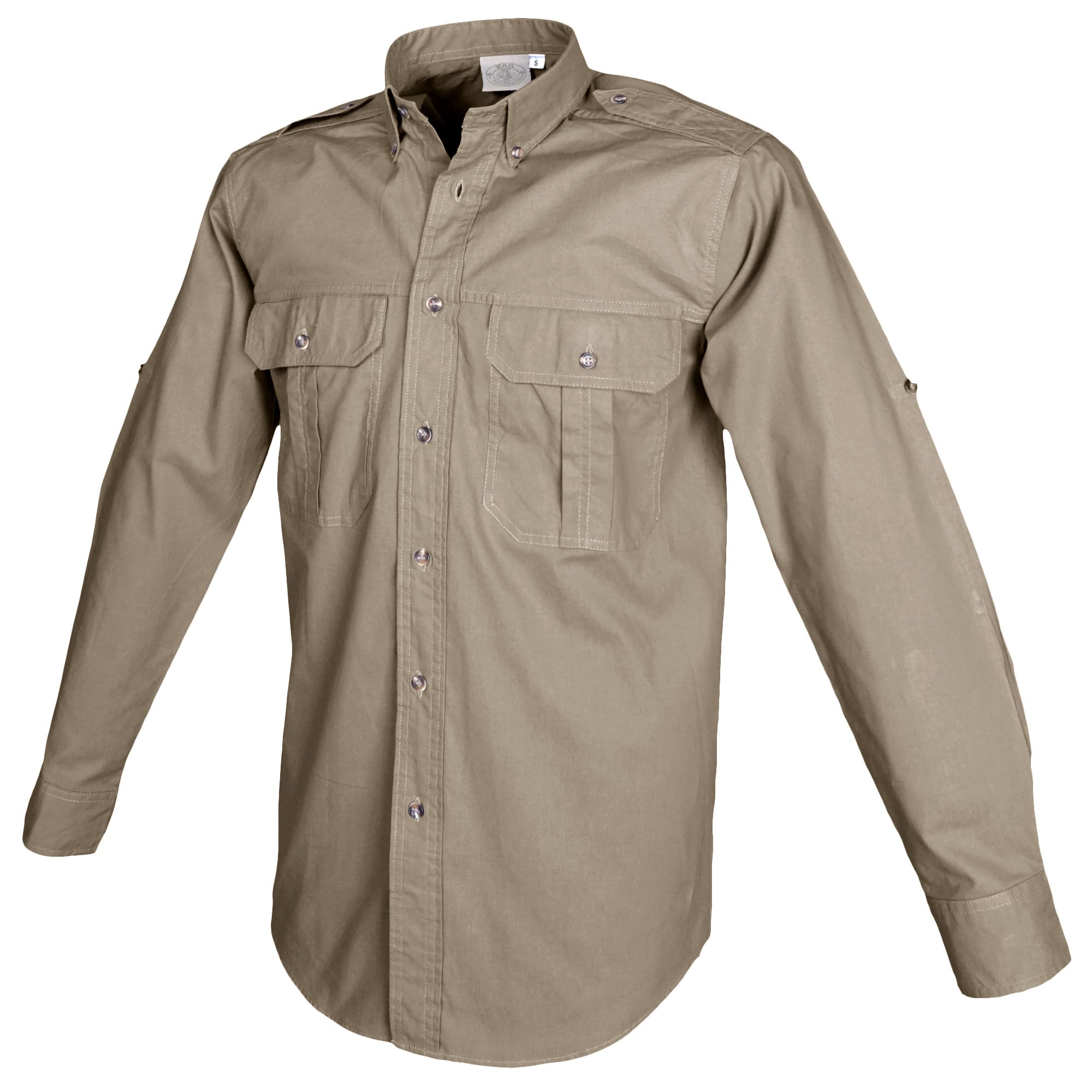 Tag Safari Long-Sleeve Trail Shirt for Men features button-flap chest pockets, functional epaulettes, and roll-up sleeve tabs. Shown in Khaki.--6