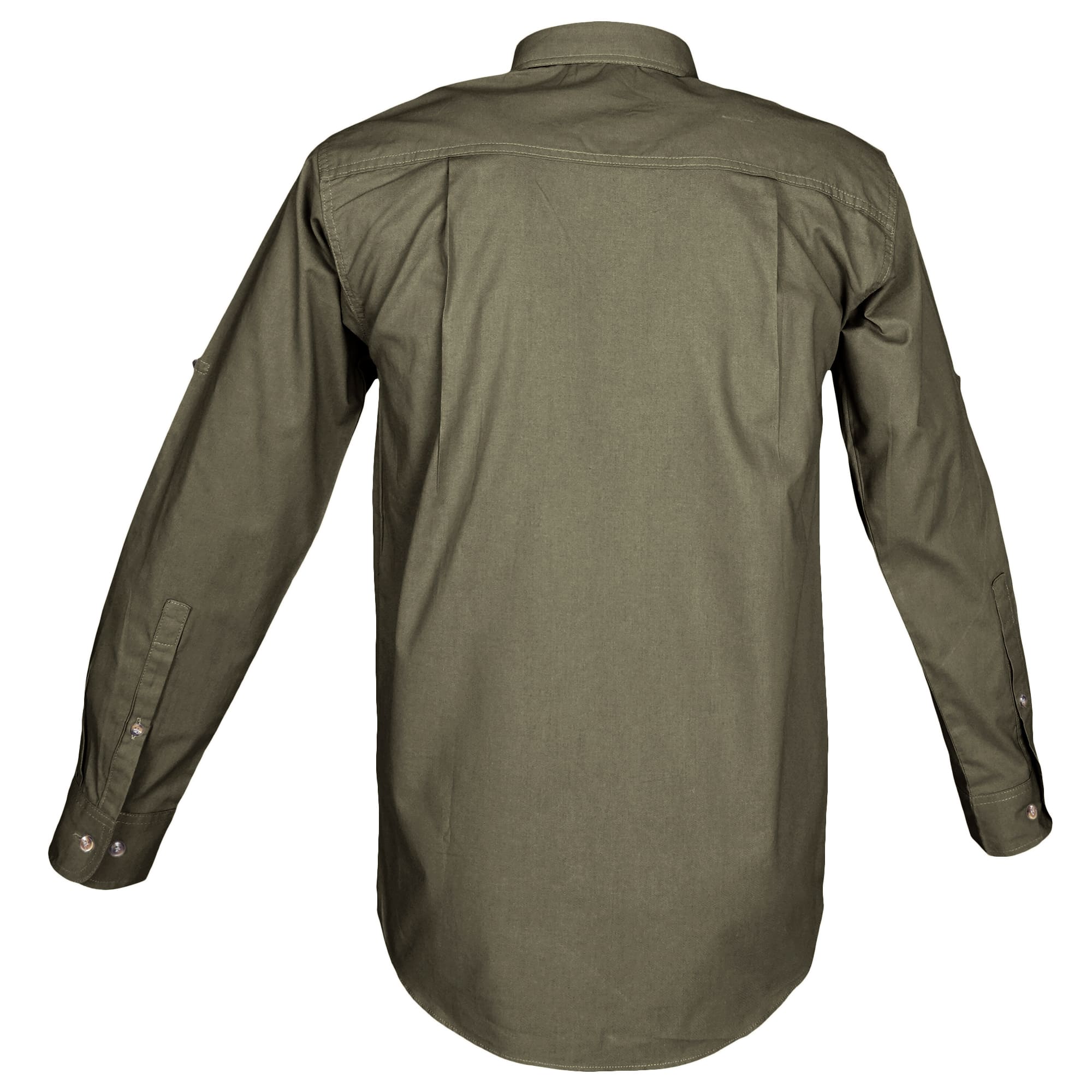 Tag Safari Long-Sleeve Trail Shirt for Men features button-flap chest pockets, functional epaulettes, and roll-up sleeve tabs. Shown in Moss Green.--2