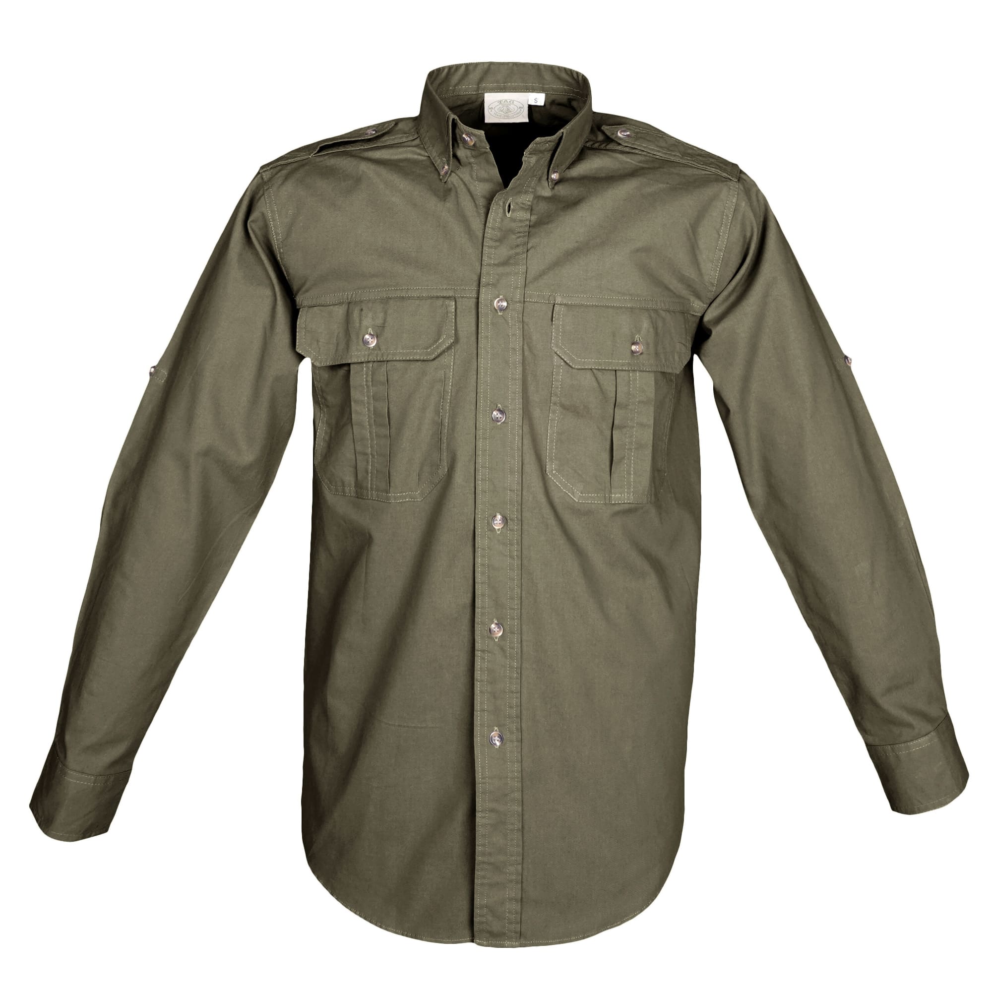 Tag Safari Long-Sleeve Trail Shirt for Men features button-flap chest pockets, functional epaulettes, and roll-up sleeve tabs. Shown in Moss Green.--1