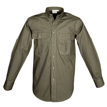 Tag Safari Long-Sleeve Trail Shirt for Men features button-flap chest pockets, functional epaulettes, and roll-up sleeve tabs. Shown in Moss Green.