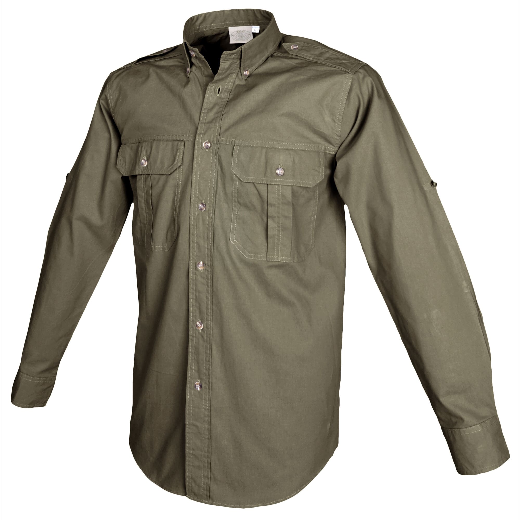 Tag Safari Long-Sleeve Trail Shirt for Men features button-flap chest pockets, functional epaulettes, and roll-up sleeve tabs. Shown in Moss Green.--3