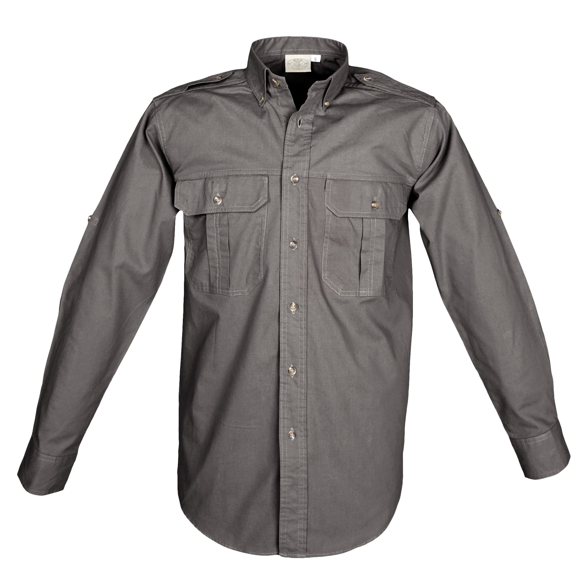 Tag Safari Long-Sleeve Trail Shirt for Men features button-flap chest pockets, functional epaulettes, and roll-up sleeve tabs. Shown in Olive Gray.--12