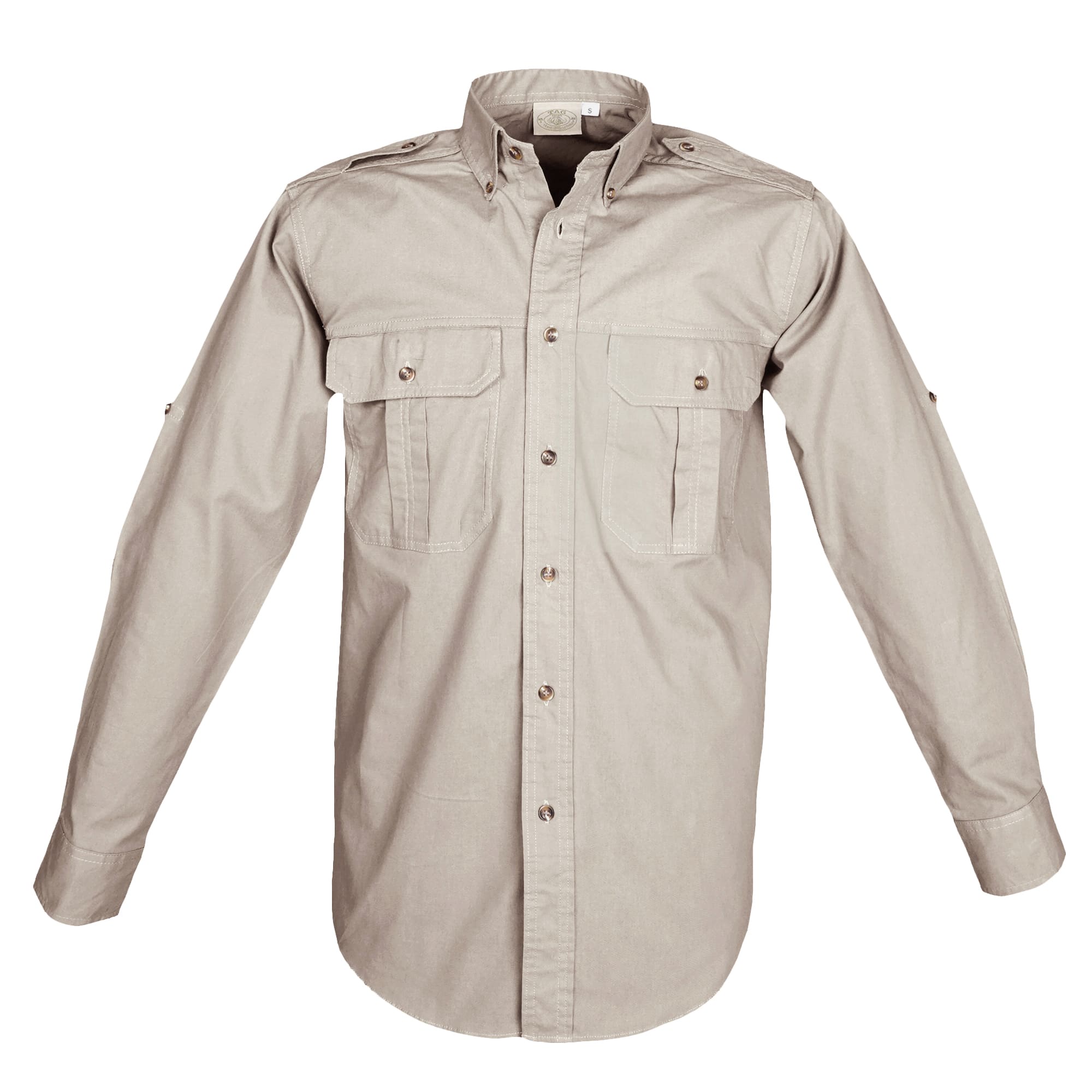 Tag Safari Long-Sleeve Trail Shirt for Men features button-flap chest pockets, functional epaulettes, and roll-up sleeve tabs. Shown in Stone.--9