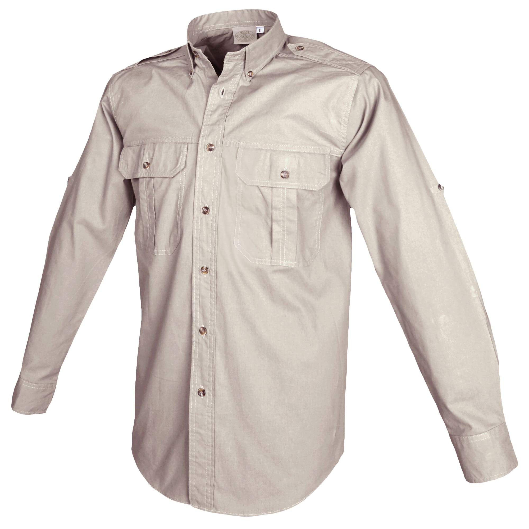 Tag Safari Long-Sleeve Trail Shirt for Men features button-flap chest pockets, functional epaulettes, and roll-up sleeve tabs. Shown in Stone.--11
