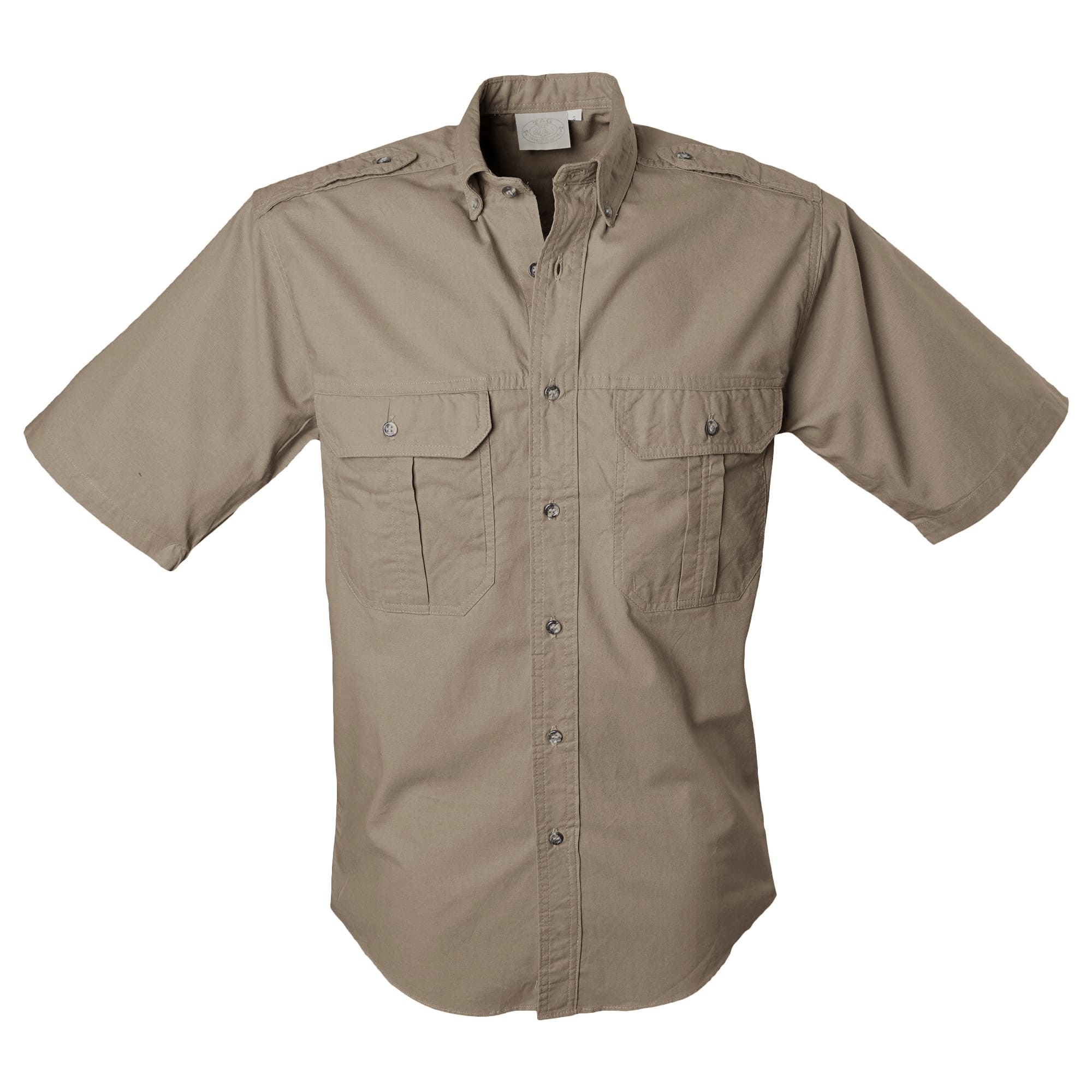 Front view of a Tag Safari Short-Sleeve Trail Shirt for Men in Khaki. Shows two button-flap chest pockets, functional epaulettes, and a button-down front placket.--7