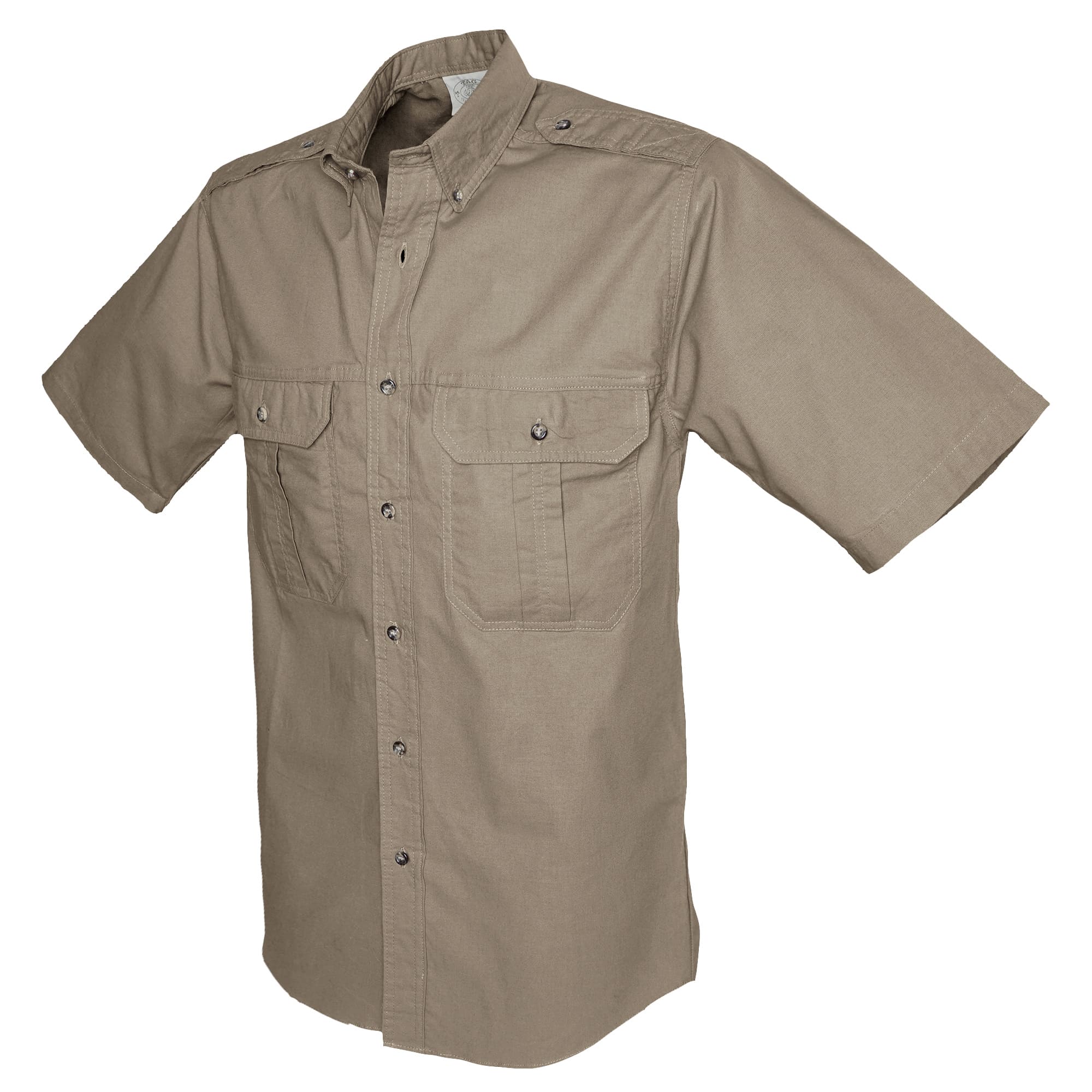 Side view of a Tag Safari Short-Sleeve Trail Shirt for Men in Khaki. Shows two button-flap chest pockets, functional epaulettes, and a button-down front placket.--9