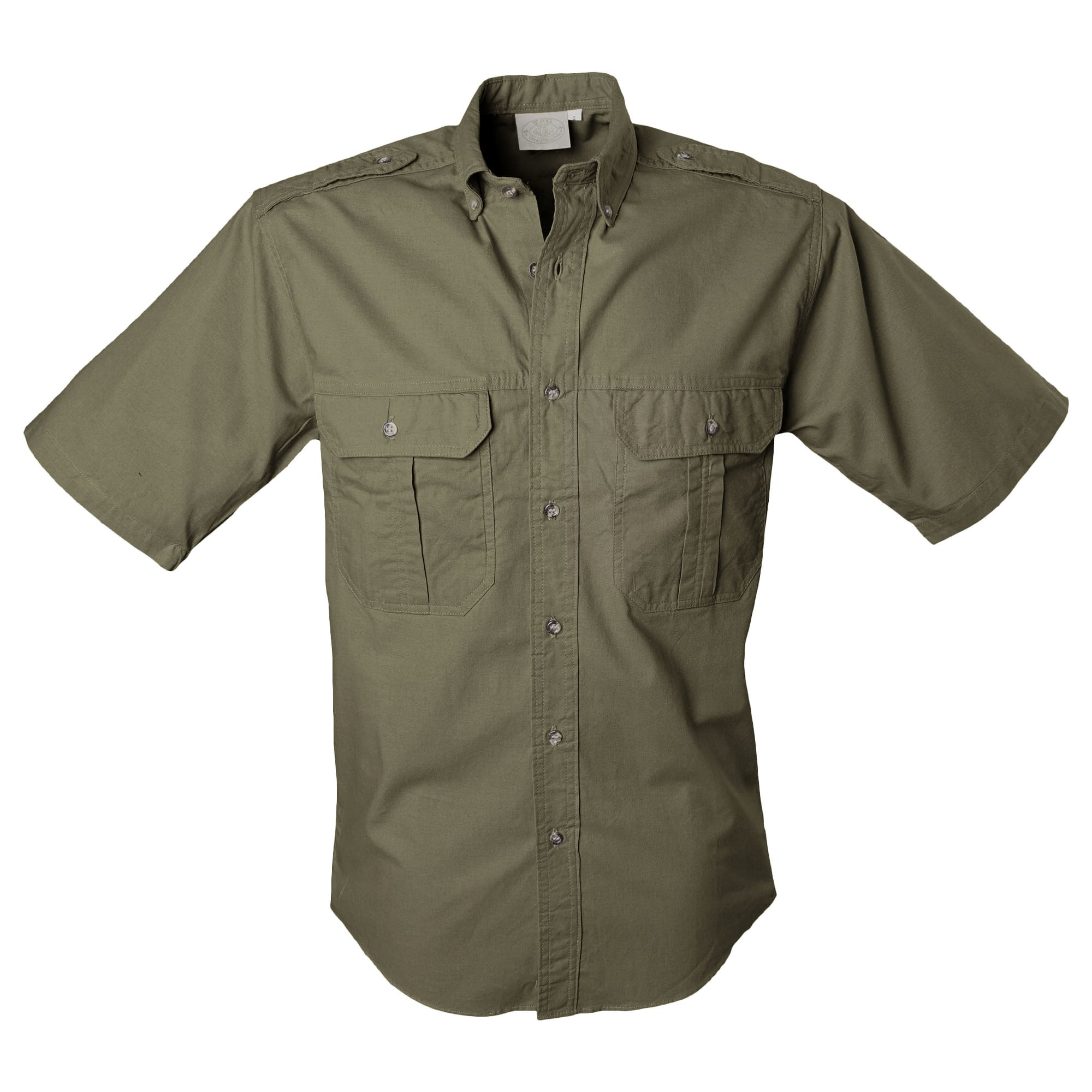 Front view of a Tag Safari Short-Sleeve Trail Shirt for Men in Moss Green. Shows two button-flap chest pockets, functional epaulettes, and a button-down front placket.--4